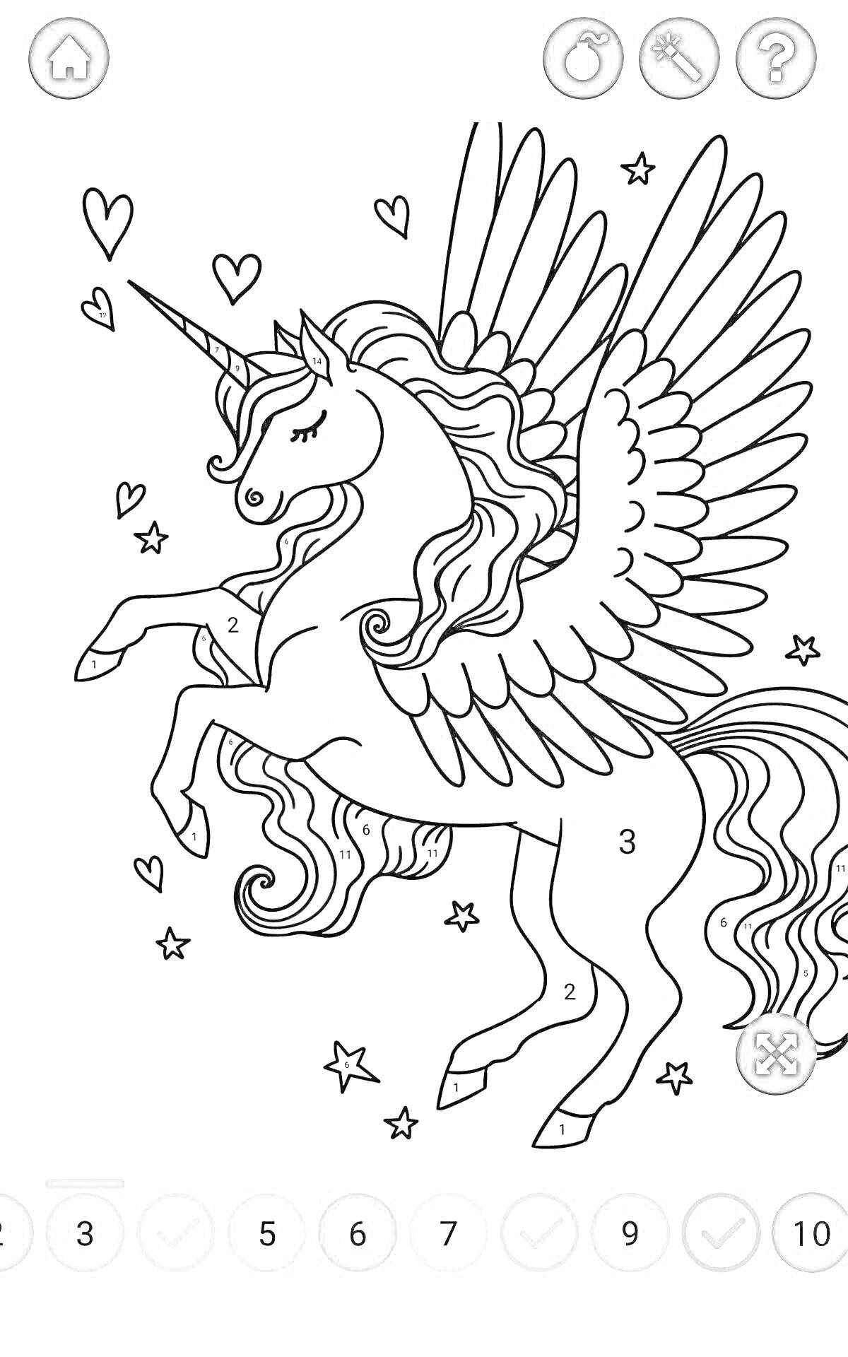 Раскраска Единорог с крыльями, сердце и звёзды - рисунок по номерам