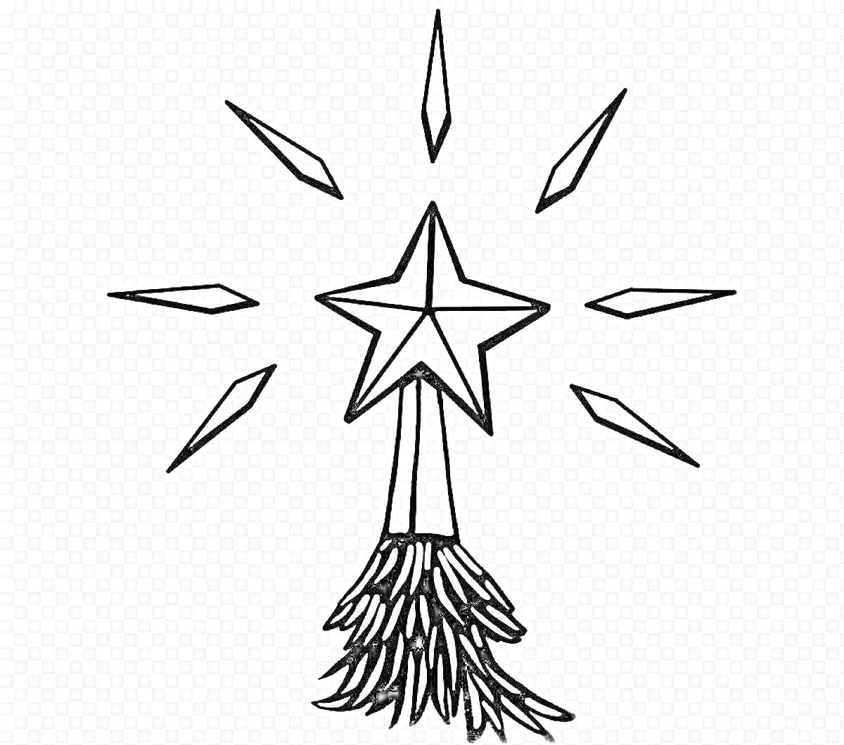 Раскраска Рождественская звезда с лучами и хвойной веточкой