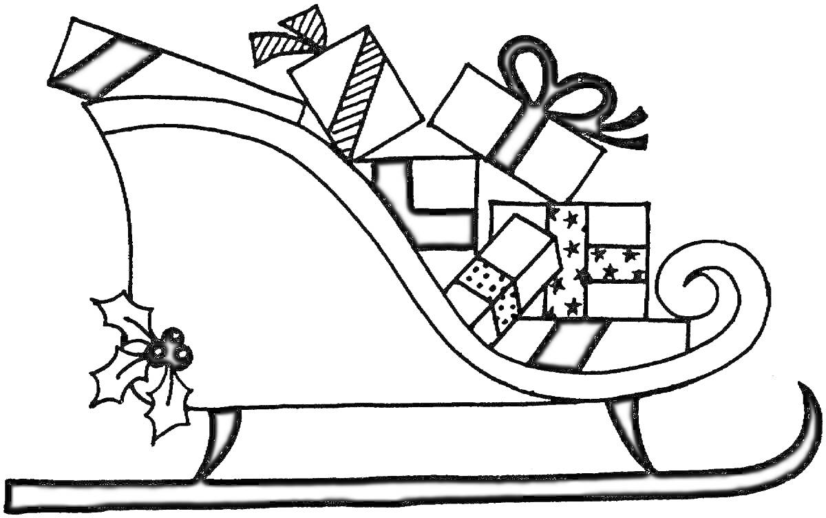 На раскраске изображено: Сани, Дед Мороз, Подарки, Падуб, Новый год, Зима, Рождество, Транспорт, Праздник