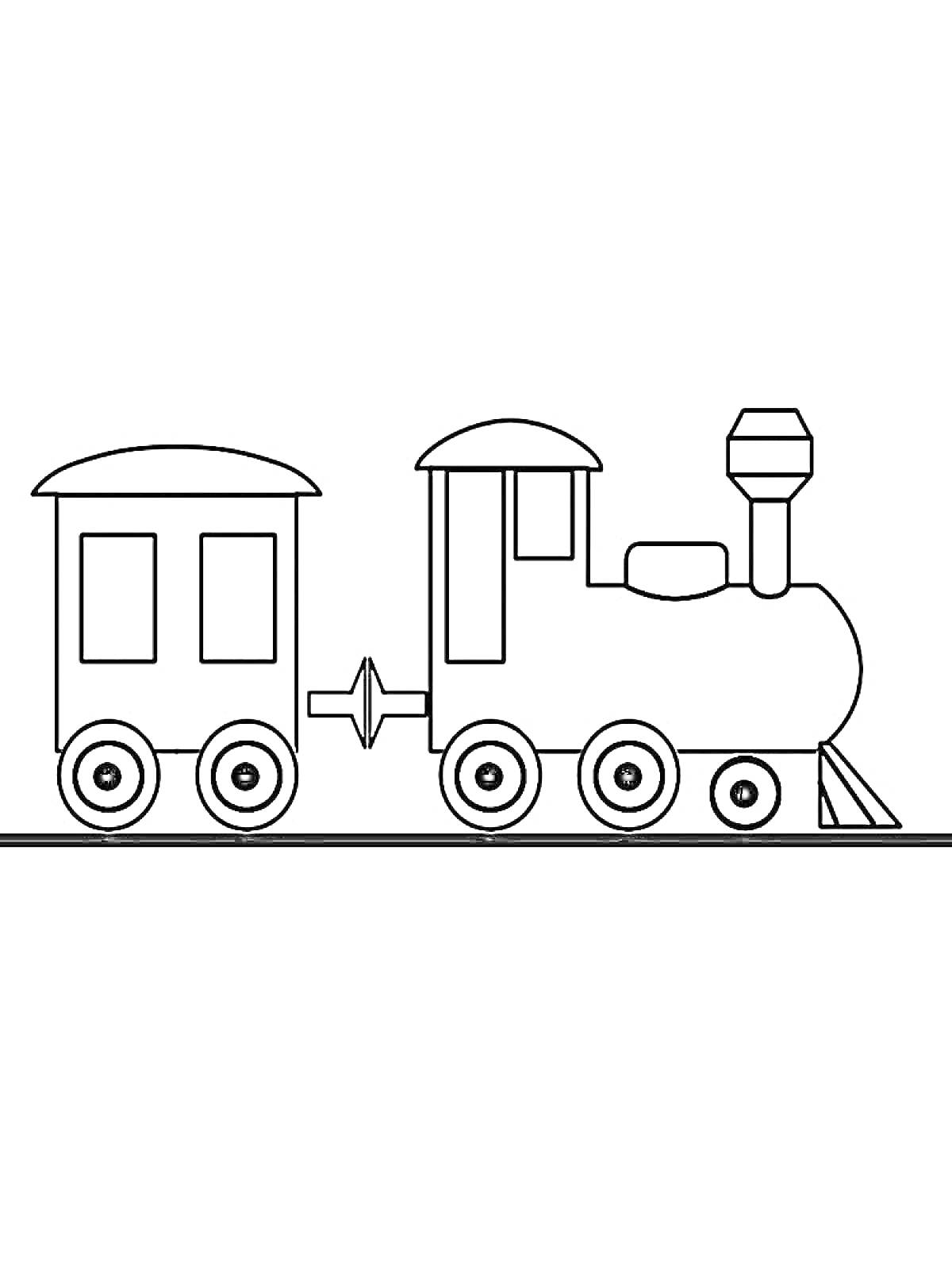 Раскраска Паровозик с вагоном на рельсах
