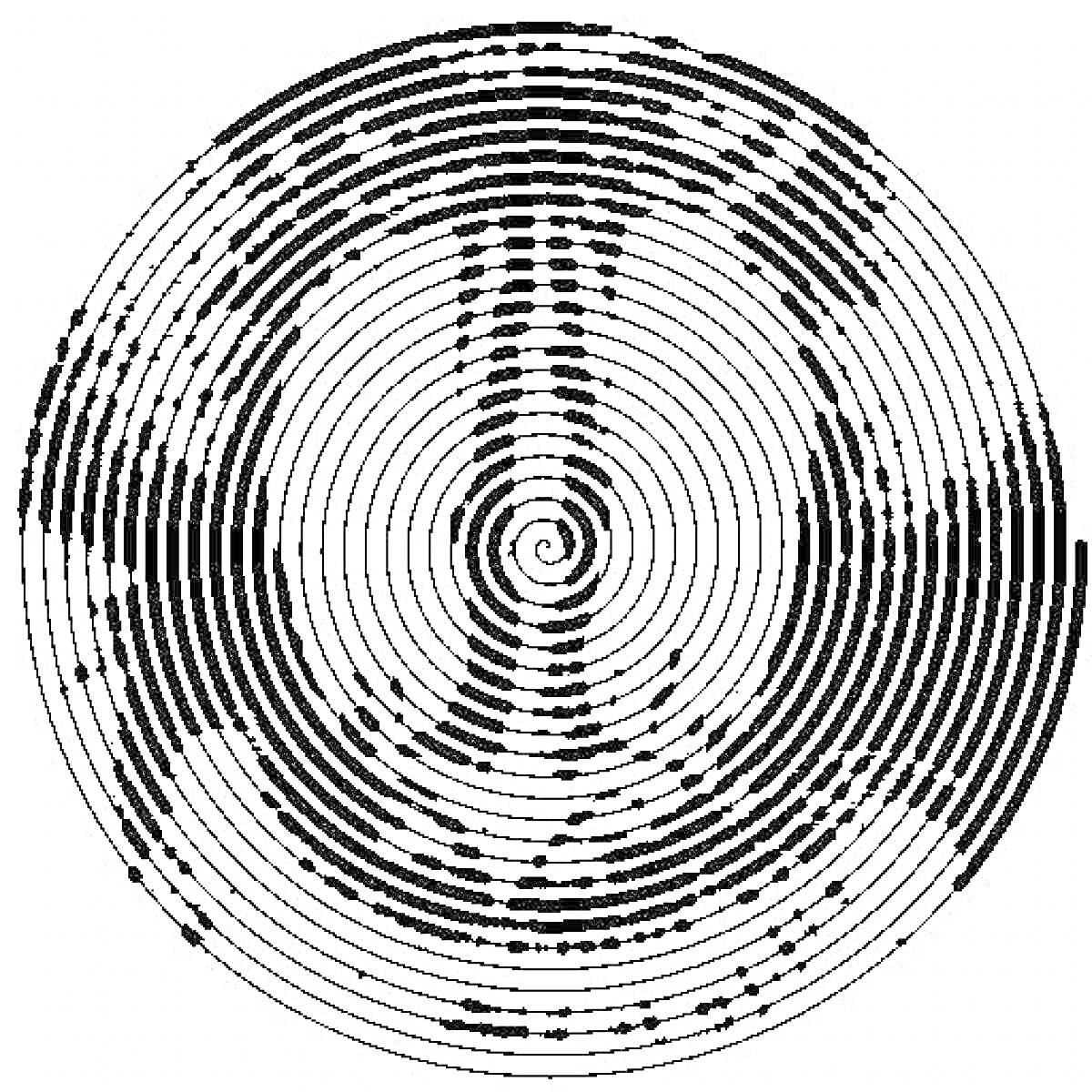 Раскраска Спиральная картина в черно-белых тонах с концентрическими кругами и точками