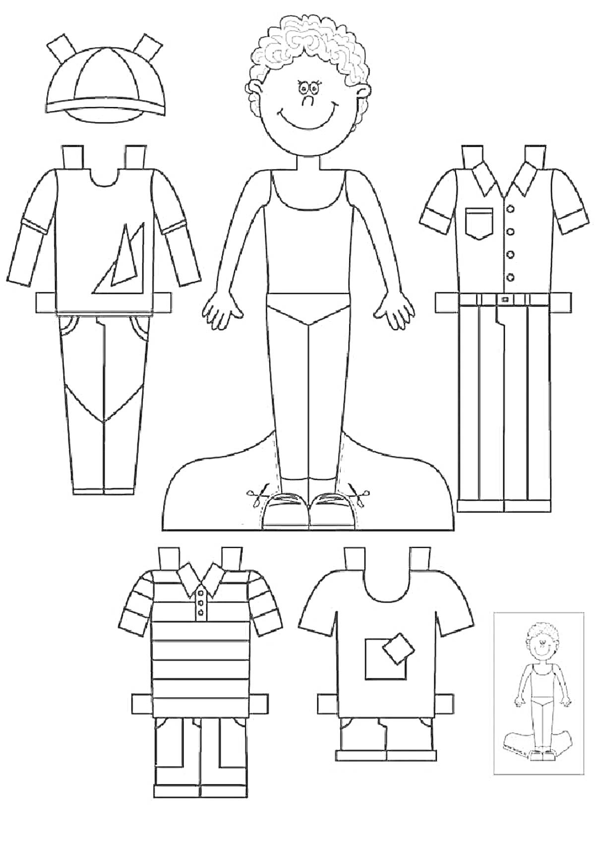 Раскраска Бумажная кукла с набором одежды: кепка, футболка с рисунком лодки, брюки с большим карманом, рубашка с короткими рукавами и брюками, полосатая футболка и шорты, футболка с карманом
