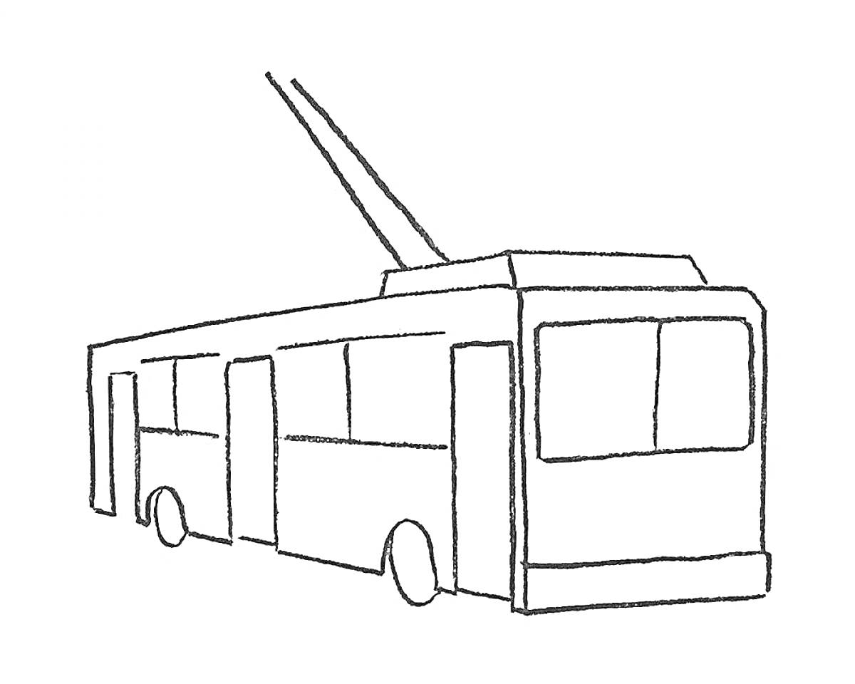 Раскраска Троллейбус c опущенным пантографом, три двери, четыре окна