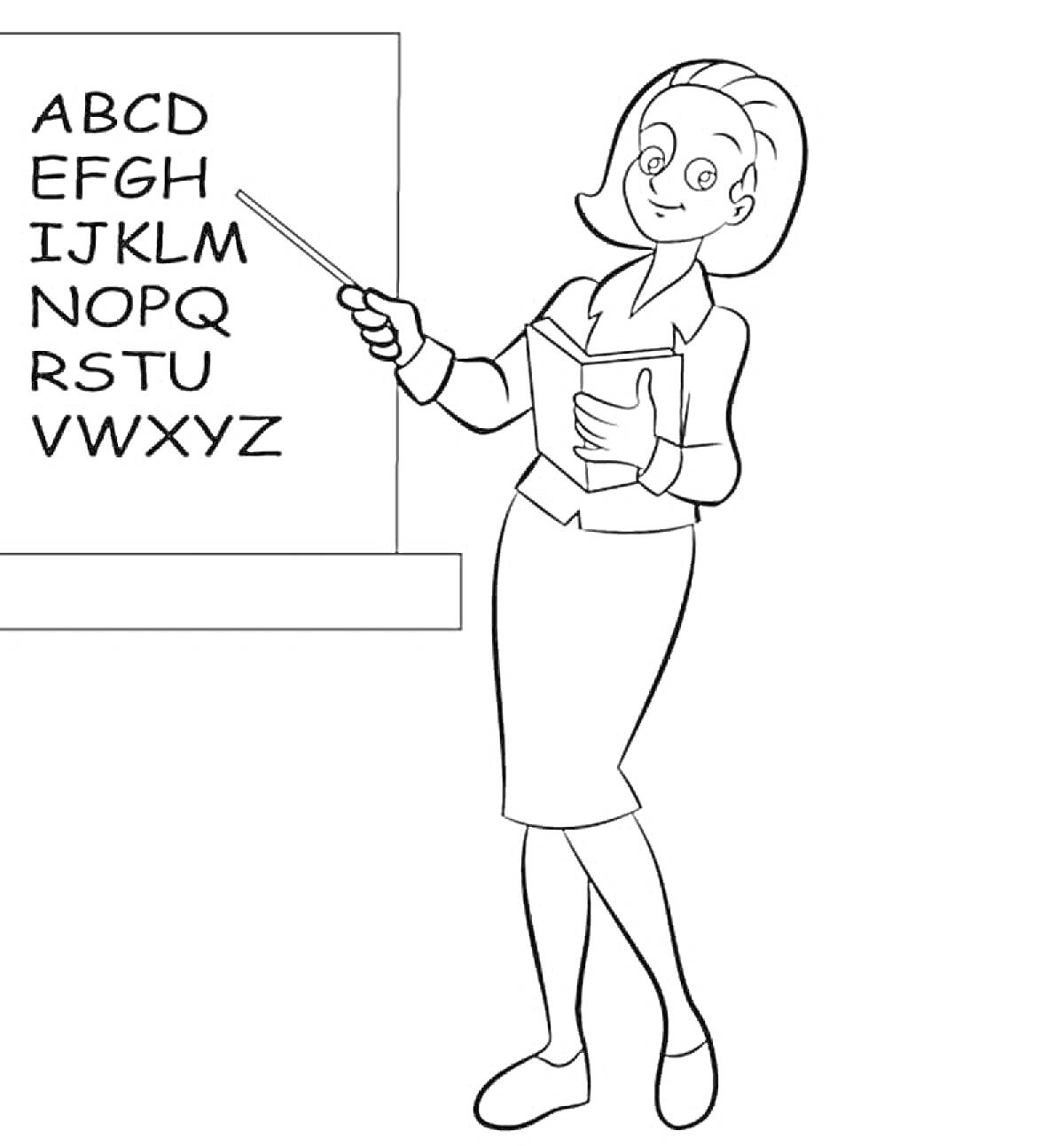 Раскраска Учитель у доски, показывает указкой на буквы алфавита, держит книгу