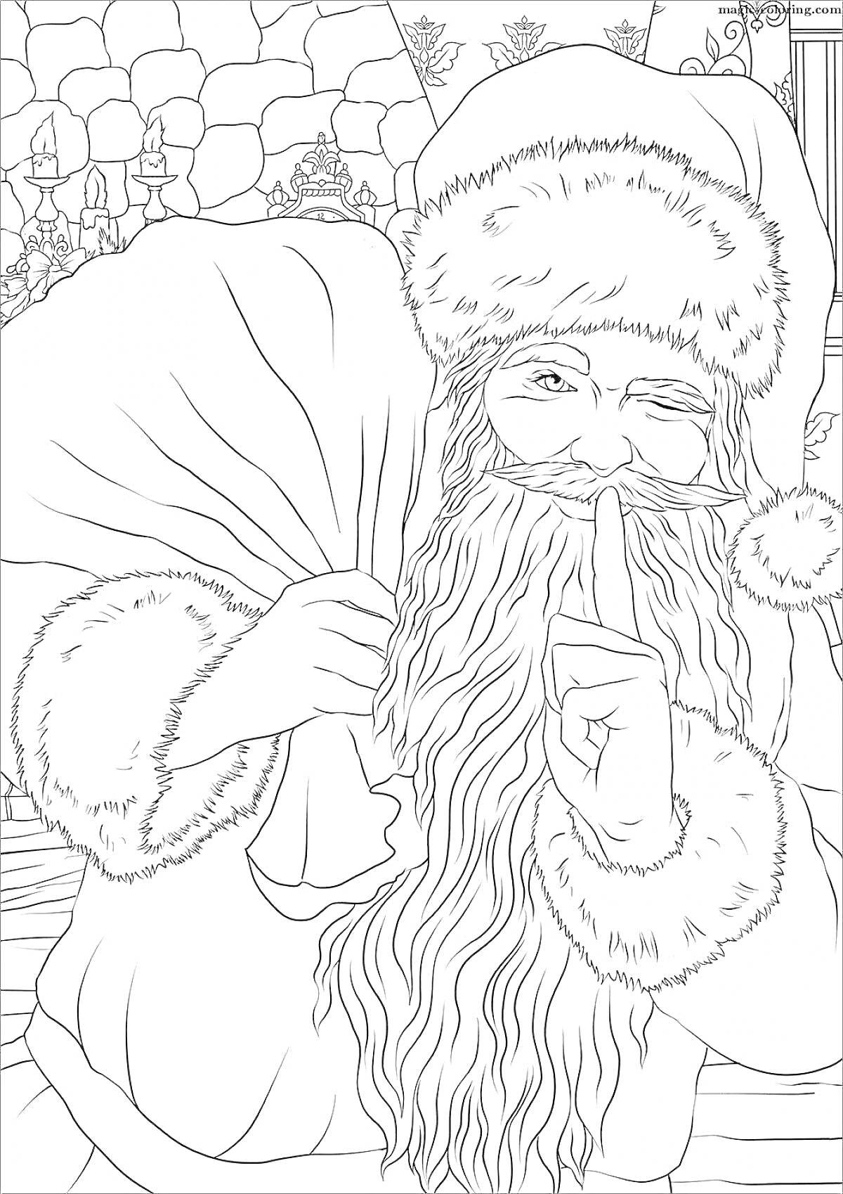На раскраске изображено: Антистресс, Дед Мороз, Каменная стена, Рождественское дерево, Рождественские украшения