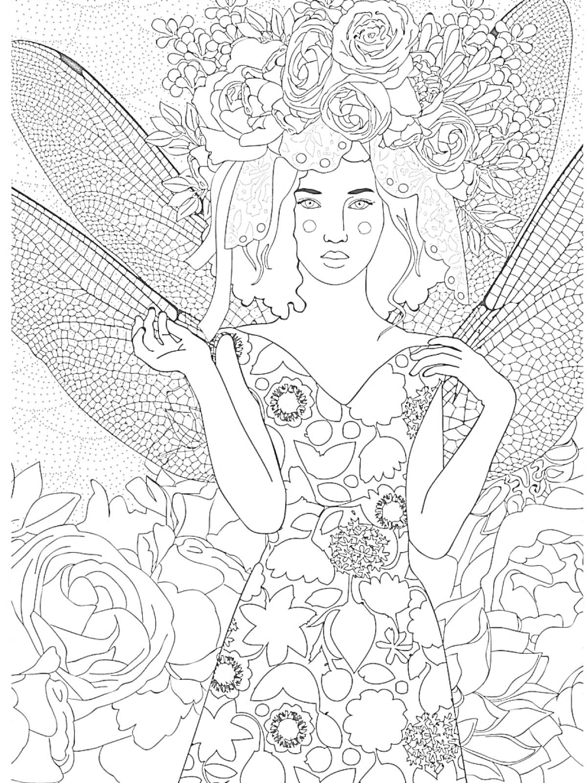 Раскраска Девушка с крыльями в цветочном венке среди цветов
