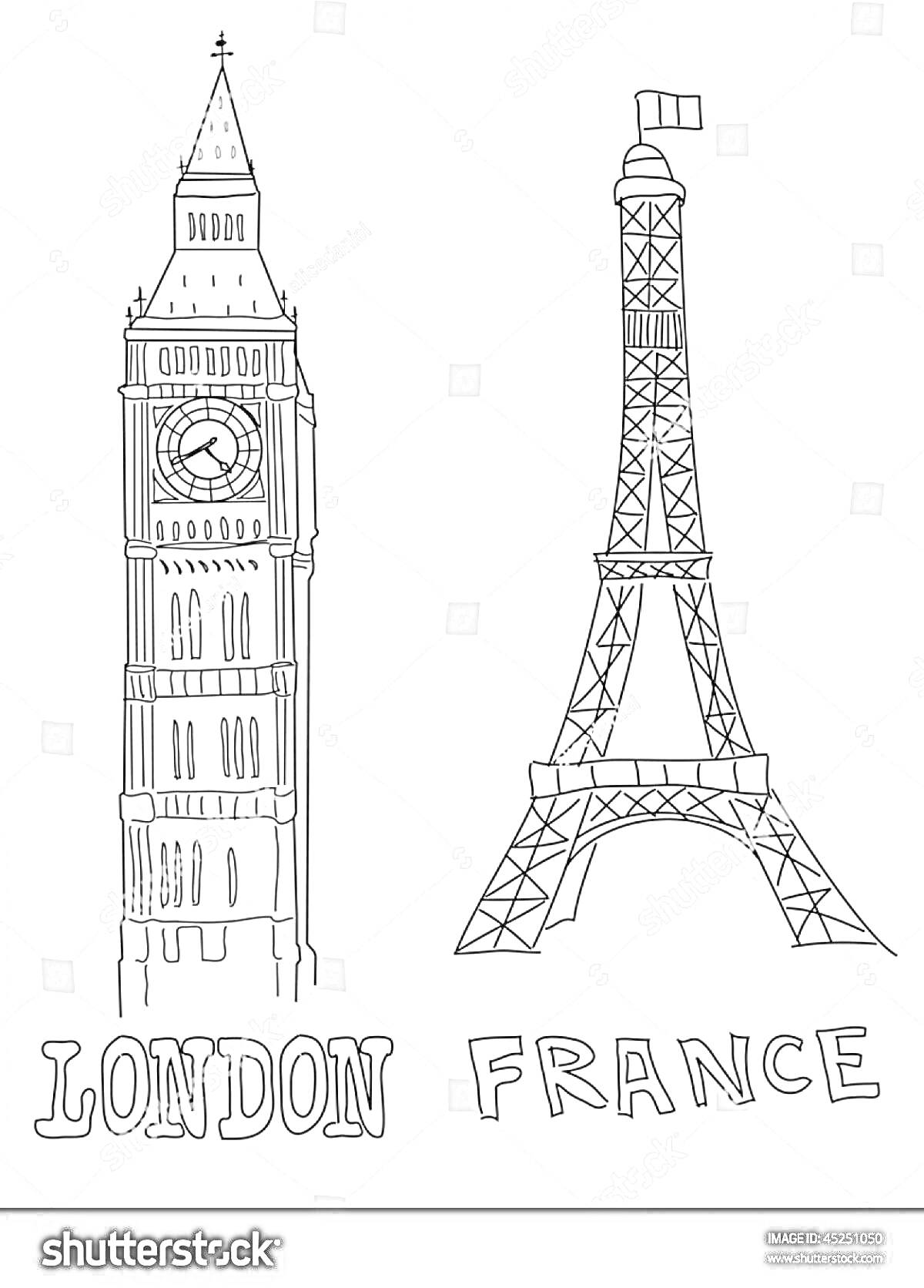 На раскраске изображено: Биг Бен, Эйфелева башня, Лондон, Франция, Достопримечательности, Для детей, Архитектура, Обучение, Путешествия