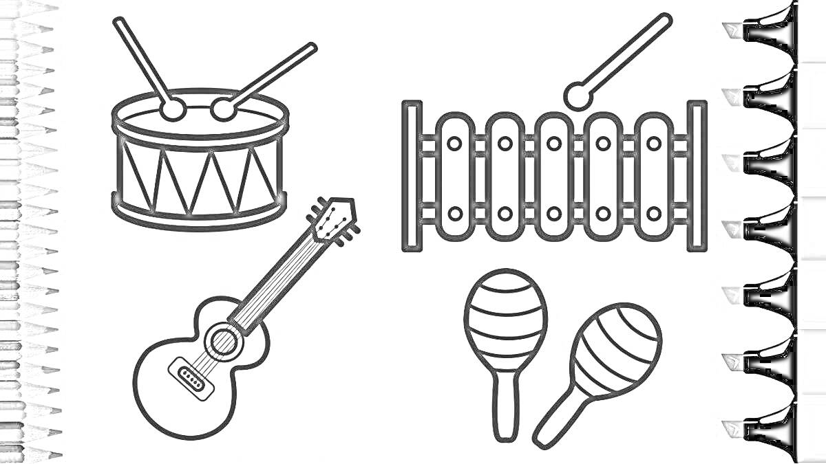 Раскраска Барабан с палочками, ксилофон с палочкой, классическая гитара, маракасы