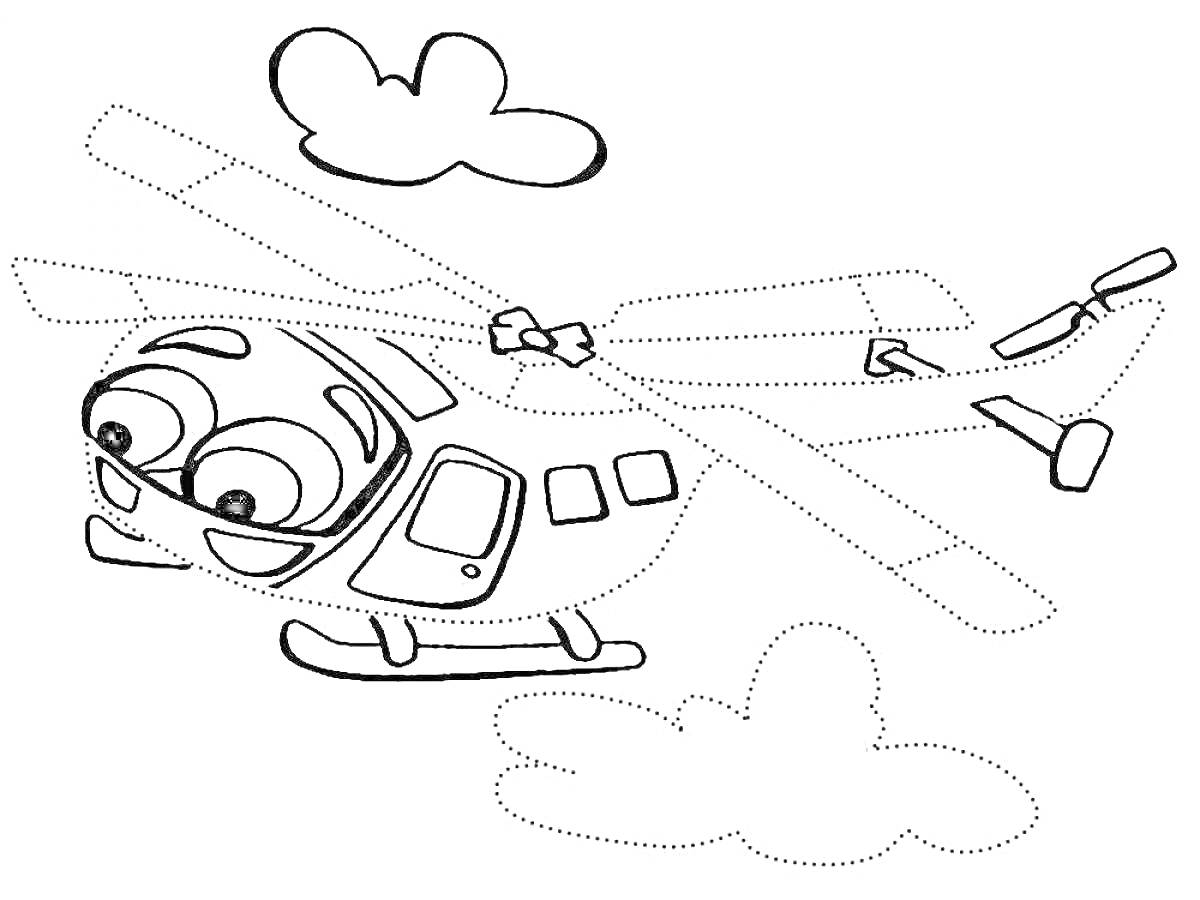 На раскраске изображено: Вертолет, Облака, Для детей, Для мальчиков, Развивающие, 6 лет, 7 лет