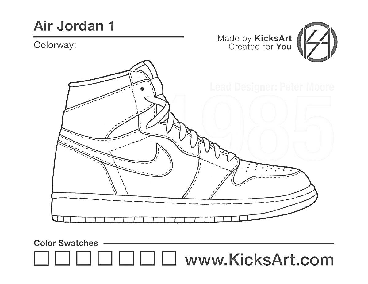 Раскраска Раскраска кроссовка Air Jordan 1 с полем для ввода цветовой гаммы и цветовой палитрой