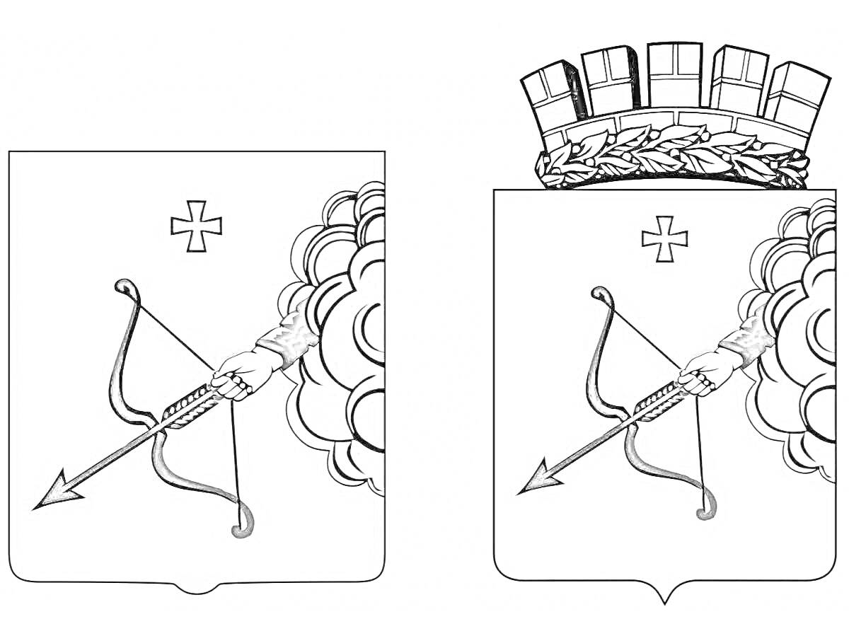 Раскраска Герб Кировской области с изображением креста, лука и стрелы, руки и облаков, один герб с короной, второй без короны.