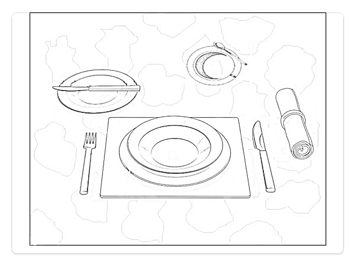 На раскраске изображено: Сервировка, Стол, Посуда, Тарелка, Вилка, Нож, Ложка, Еда