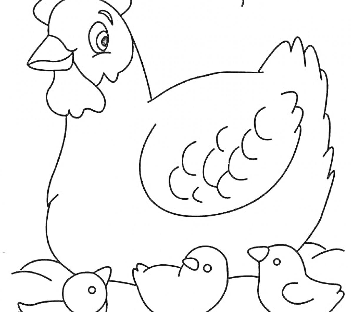 На раскраске изображено: Курочка, Цыплята, Лужайка, Малыш, Мама, Птица