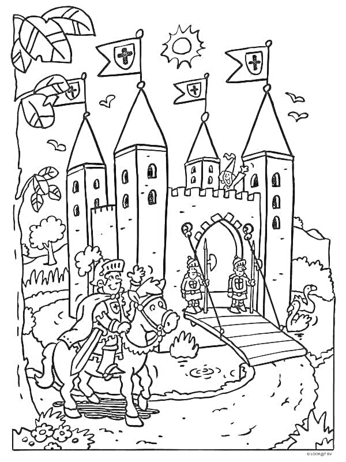 На раскраске изображено: Замок, Башни, Солнце, Небо, Деревья, Листья, Охрана, Лошадь, Птица, Рыцари