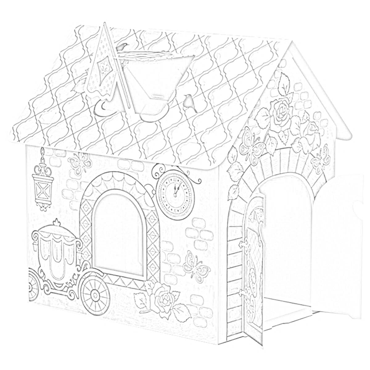 На раскраске изображено: Игровой домик, Флаг, Цветы, Часы, Карета, Дверь