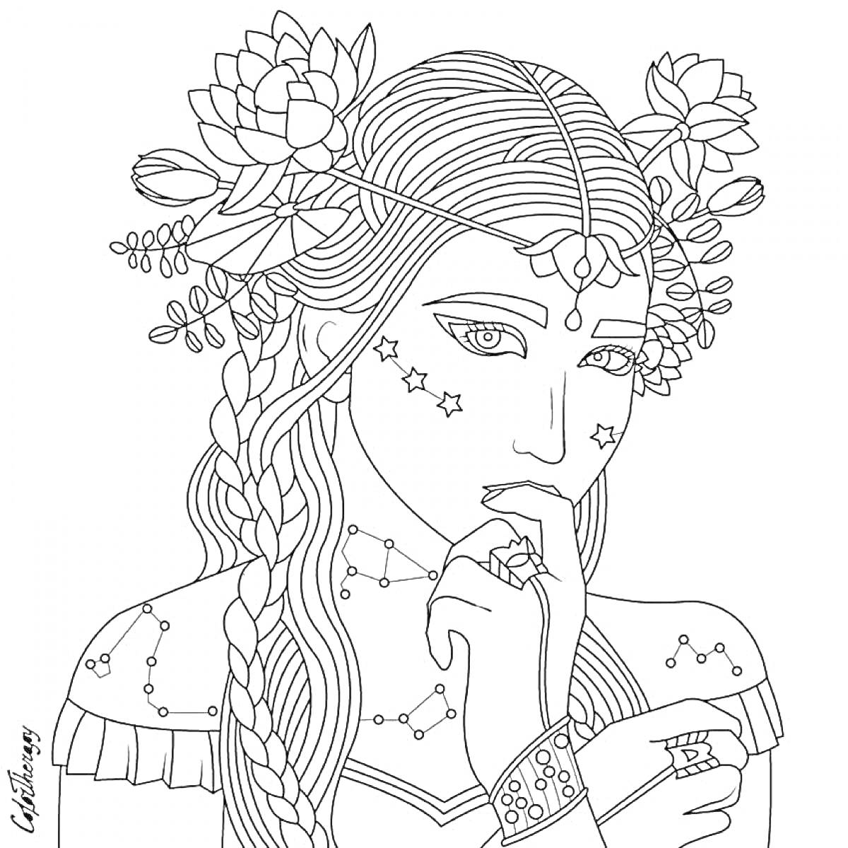 Раскраска Девушка с длинными косами и венком из цветов и листьев, со звездами на лице и украшениями на руках.
