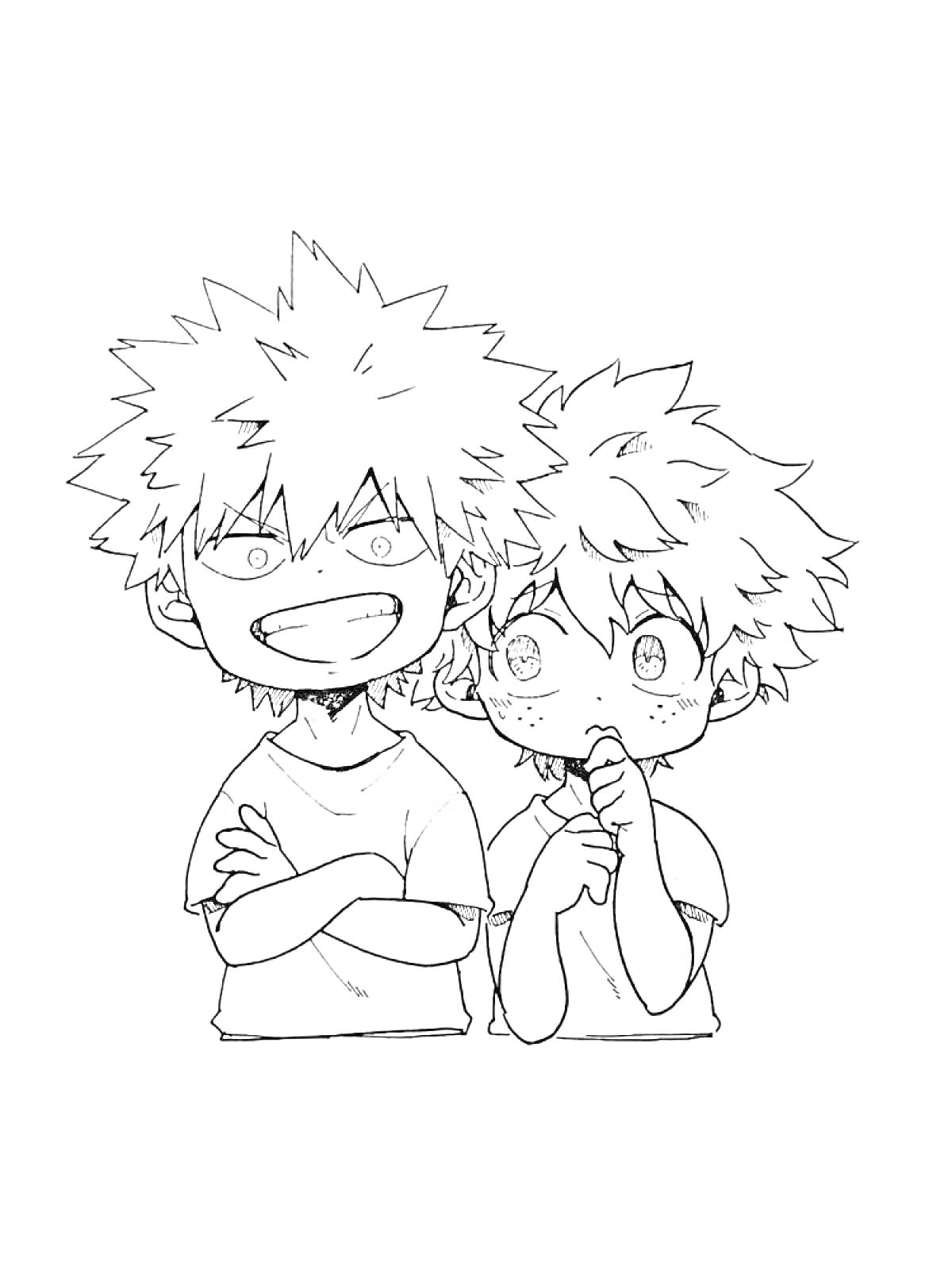 Раскраска Два мальчика с колючими волосами в футболках, один улыбающийся, другой задумчивый, 