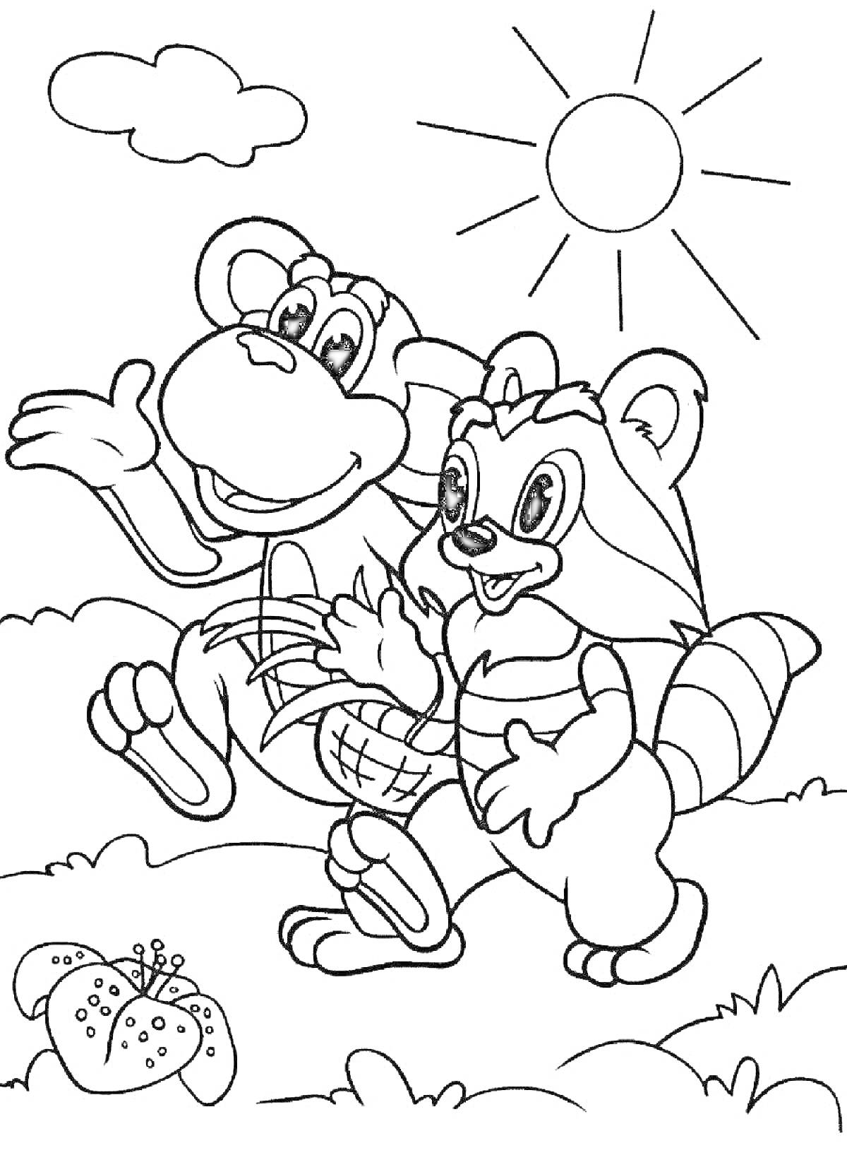 Раскраска Обезьяна и енот идут на пикник (солнечный день, корзинка, цветок, солнце, облака)