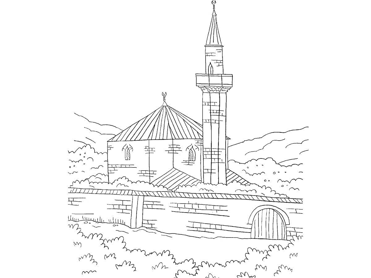 На раскраске изображено: Мечеть, Минарет, Горы, Здание, Архитектура, Дагестан, Природа, Деревья, Культура, Ислам