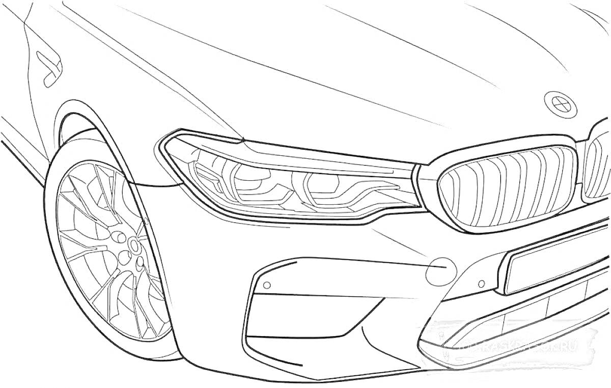 Раскраска Фронтальная часть БМВ М8 с колесом, фарами и решёткой радиатора