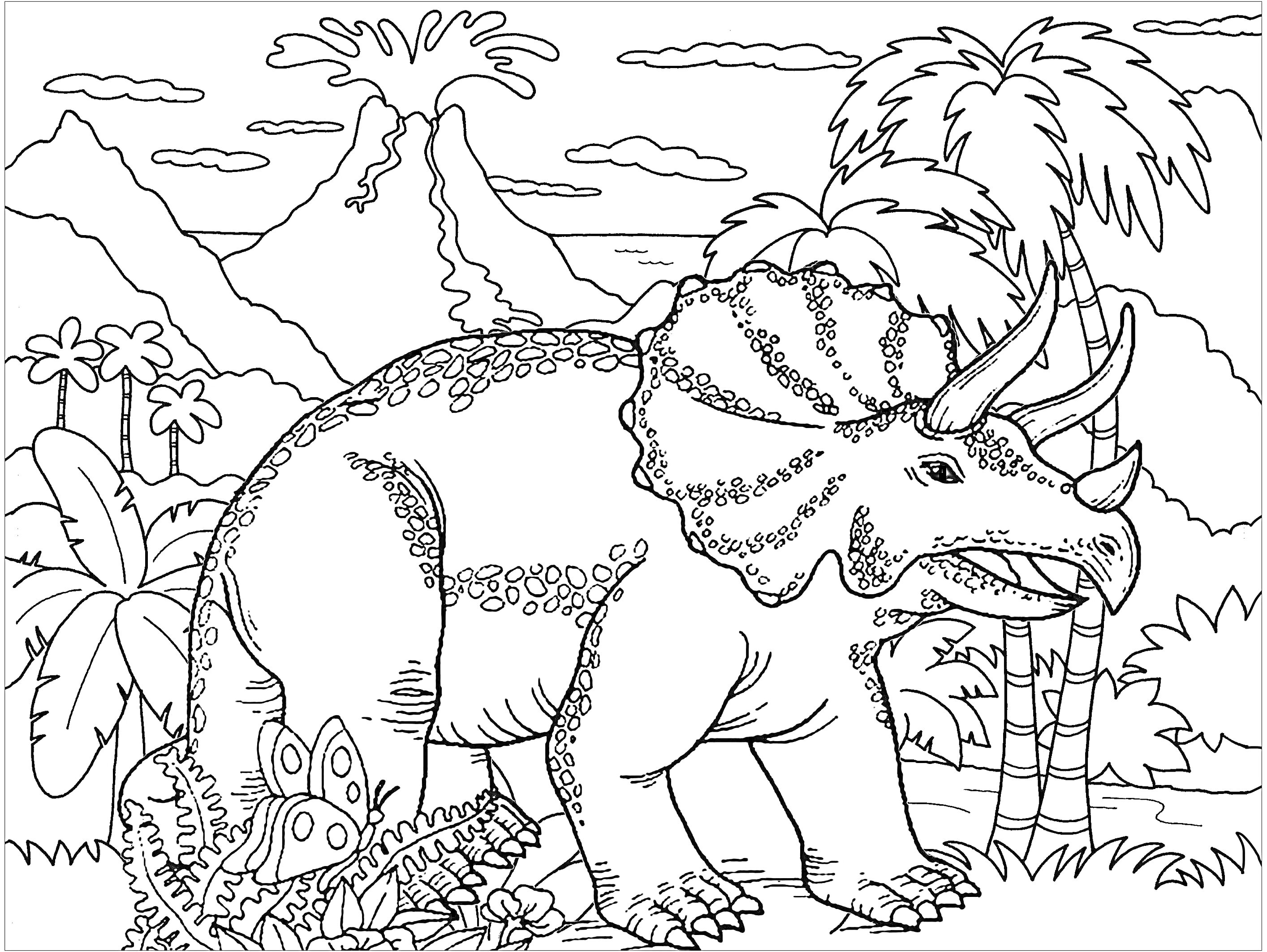 На раскраске изображено: Трицератопс, Динозавр, Пальмы, Вулкан, Облака, Лес, Природа