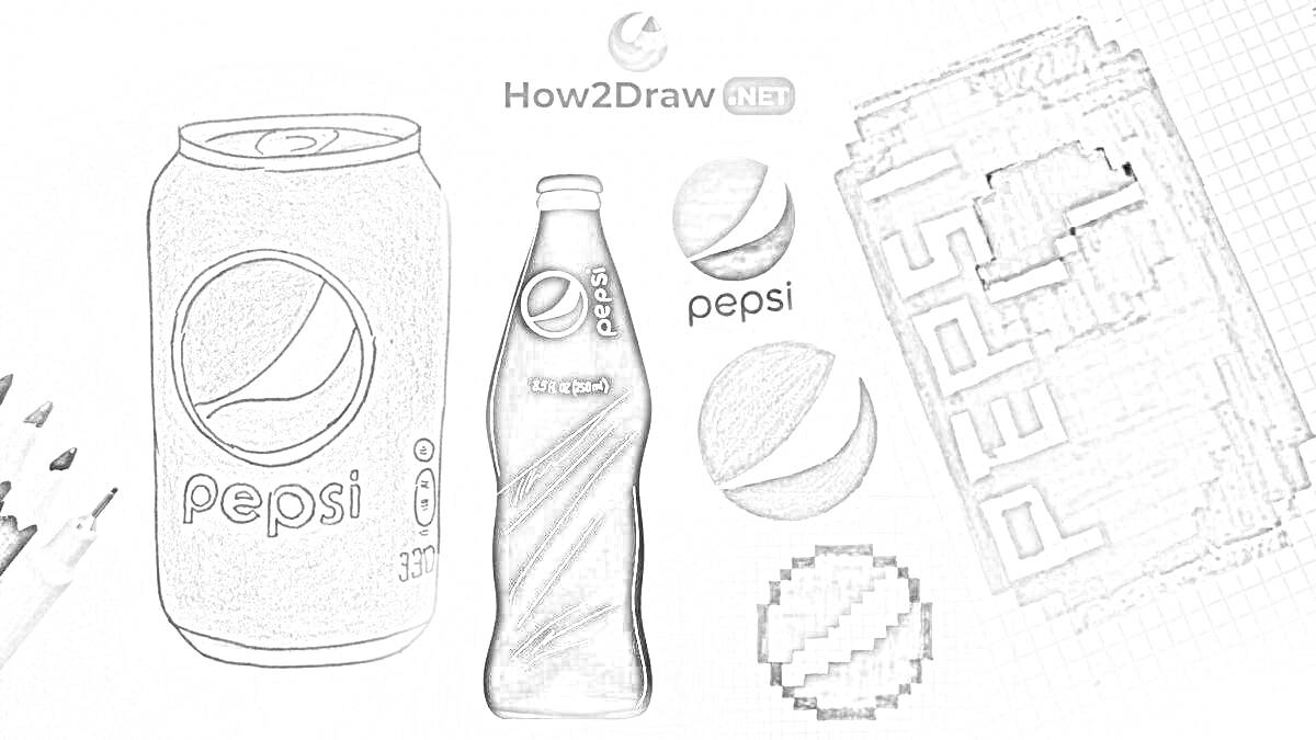 Как нарисовать и раскрасить различные элементы Pepsi: банка, бутылка, логотипы и пиксельная графика