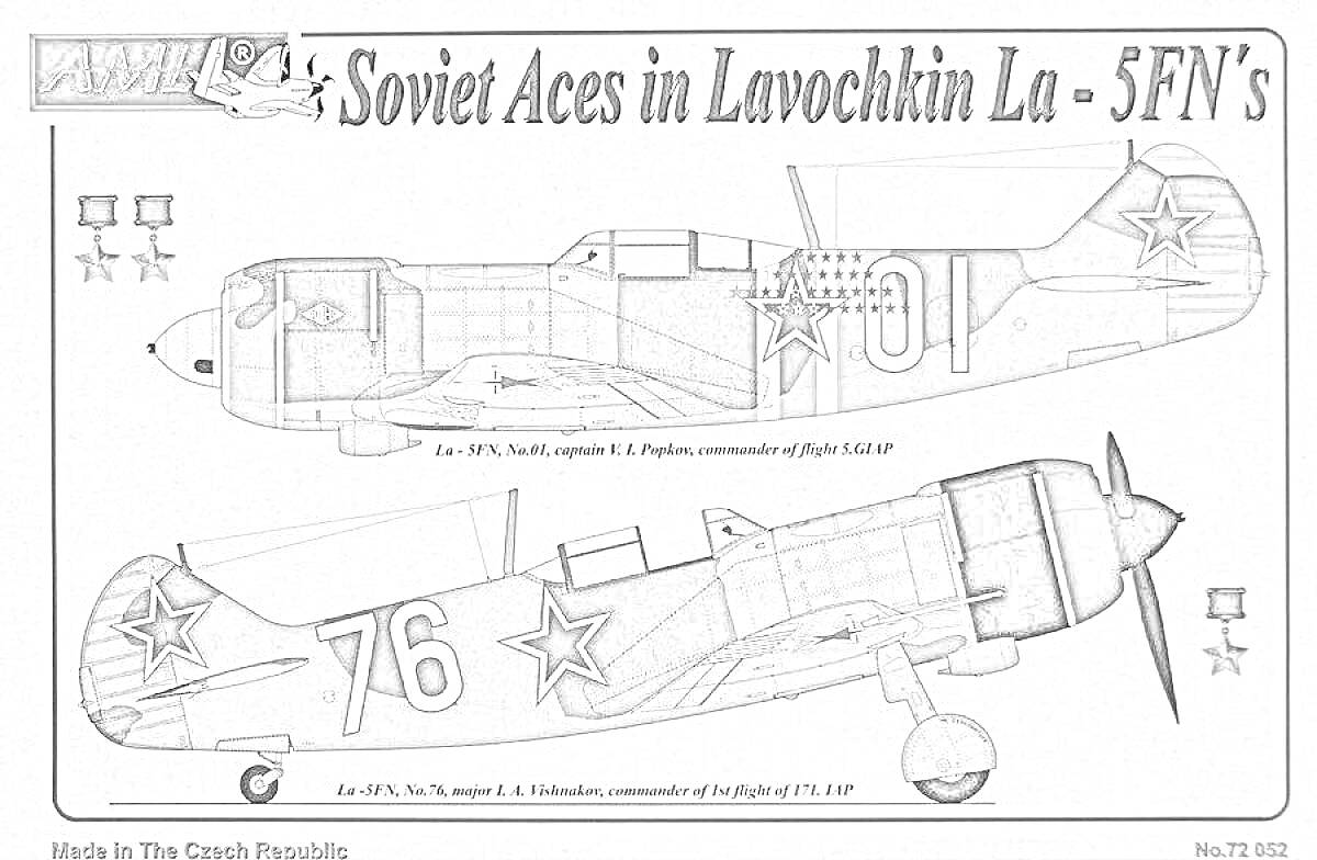 Цветные иллюстрации советских асов на самолетах Лавочкин Ла-5ФН, со знаками отличия и номерами (101 и 76) на корпусах.