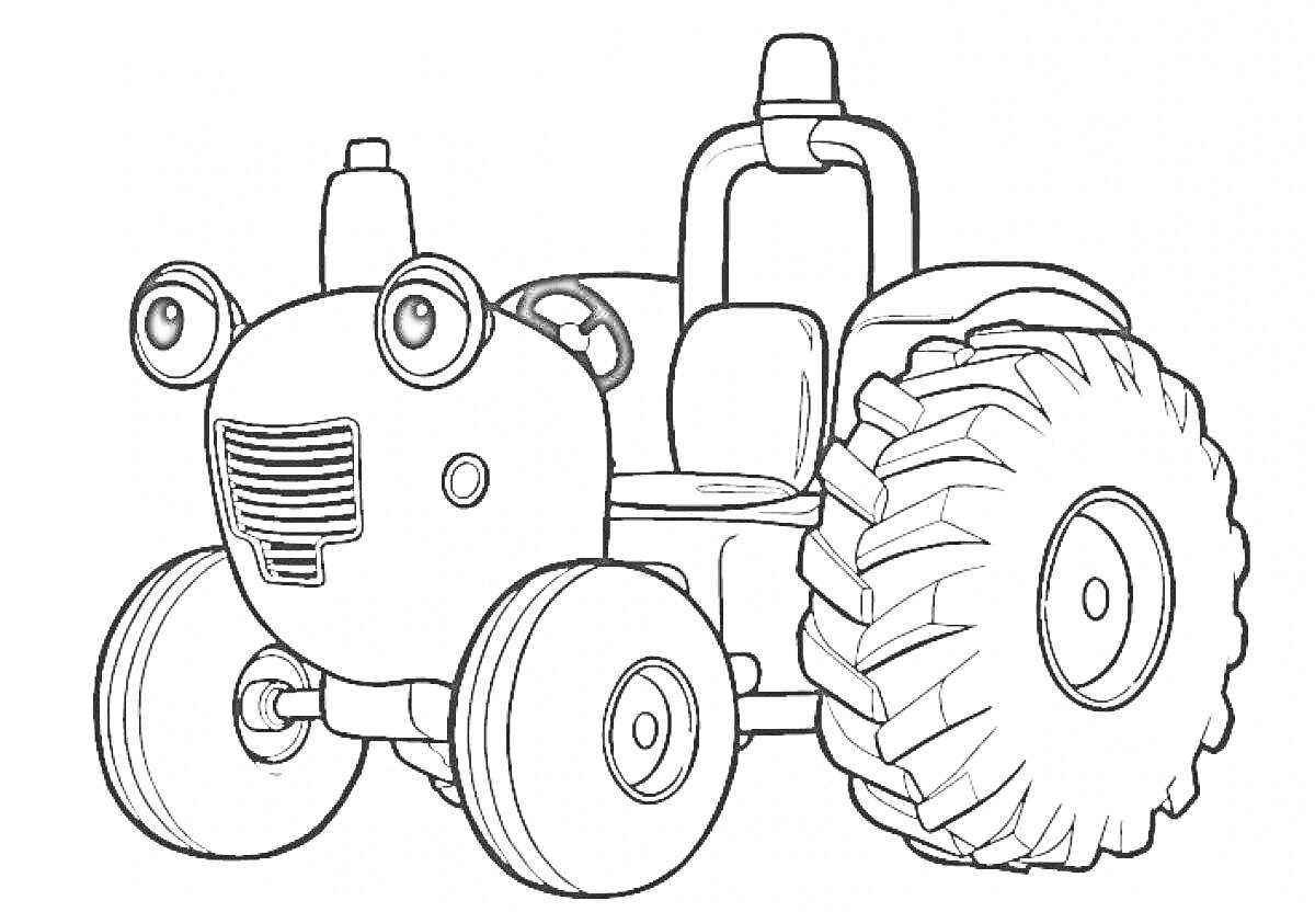 На раскраске изображено: Трактор, Большие колеса, Из мультфильмов, Дружелюбный, Улыбка, Сельское хозяйство, Для детей