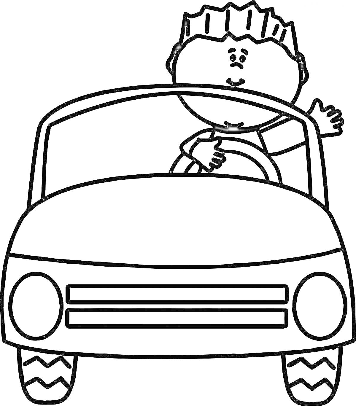 На раскраске изображено: Водитель, Мальчик, Рулевое колесо, Руль, Машет рукой