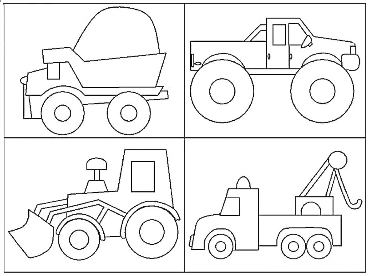 На раскраске изображено: Бетономешалка, Внедорожник, Трактор, Бульдозер, Эвакуатор, Транспорт, Средняя группа