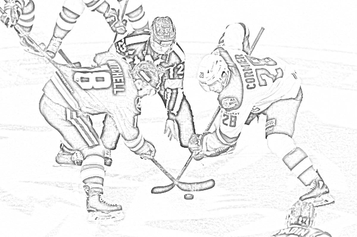 На раскраске изображено: Хоккей, Шайба, Лед, Борьба, Судья, Спорт, Хоккейная форма