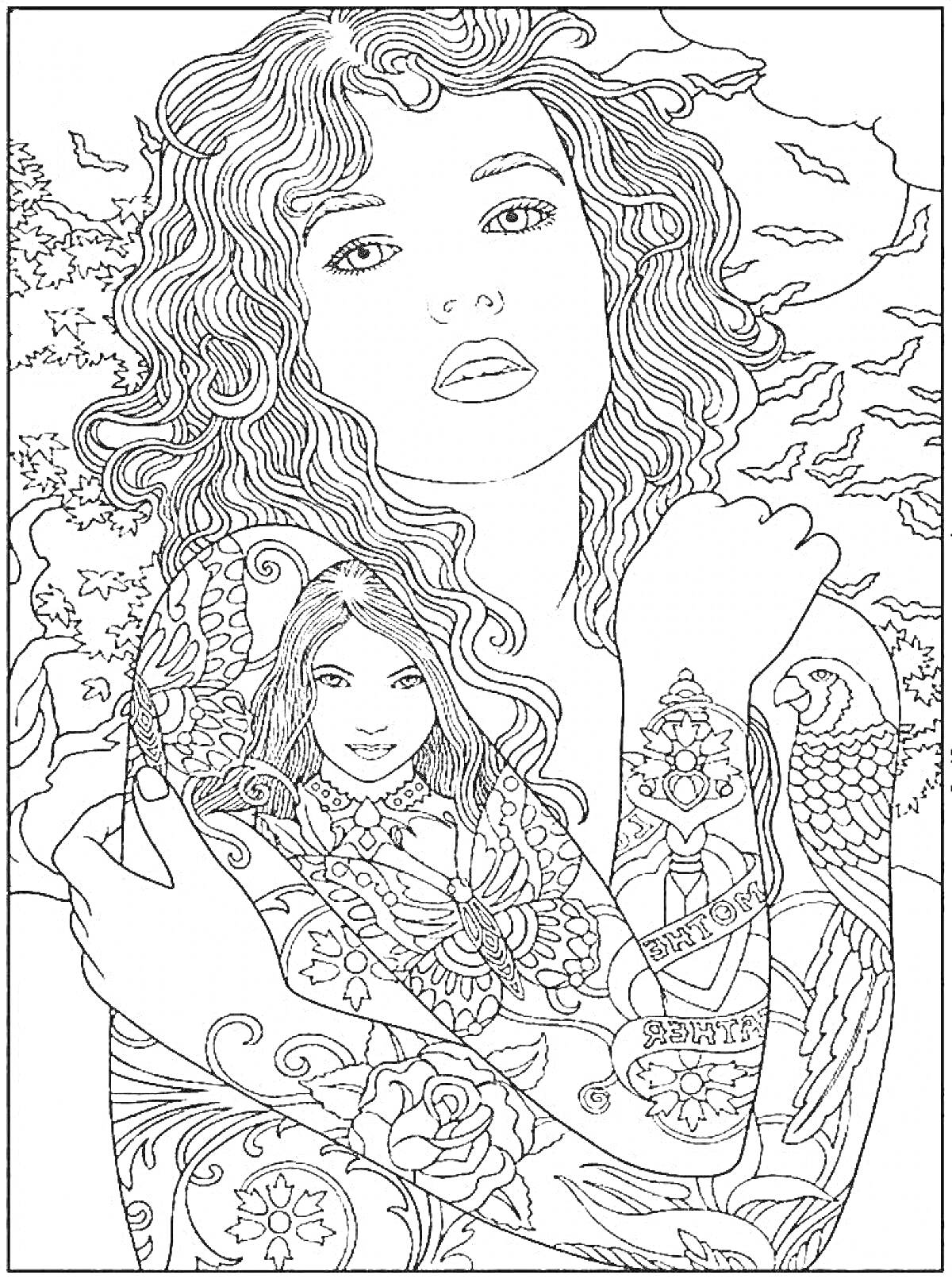 Раскраска Девушка с волнистыми волосами и вытатуированными руками, пейзаж с птицами на заднем плане, девушка с татуировками на плече