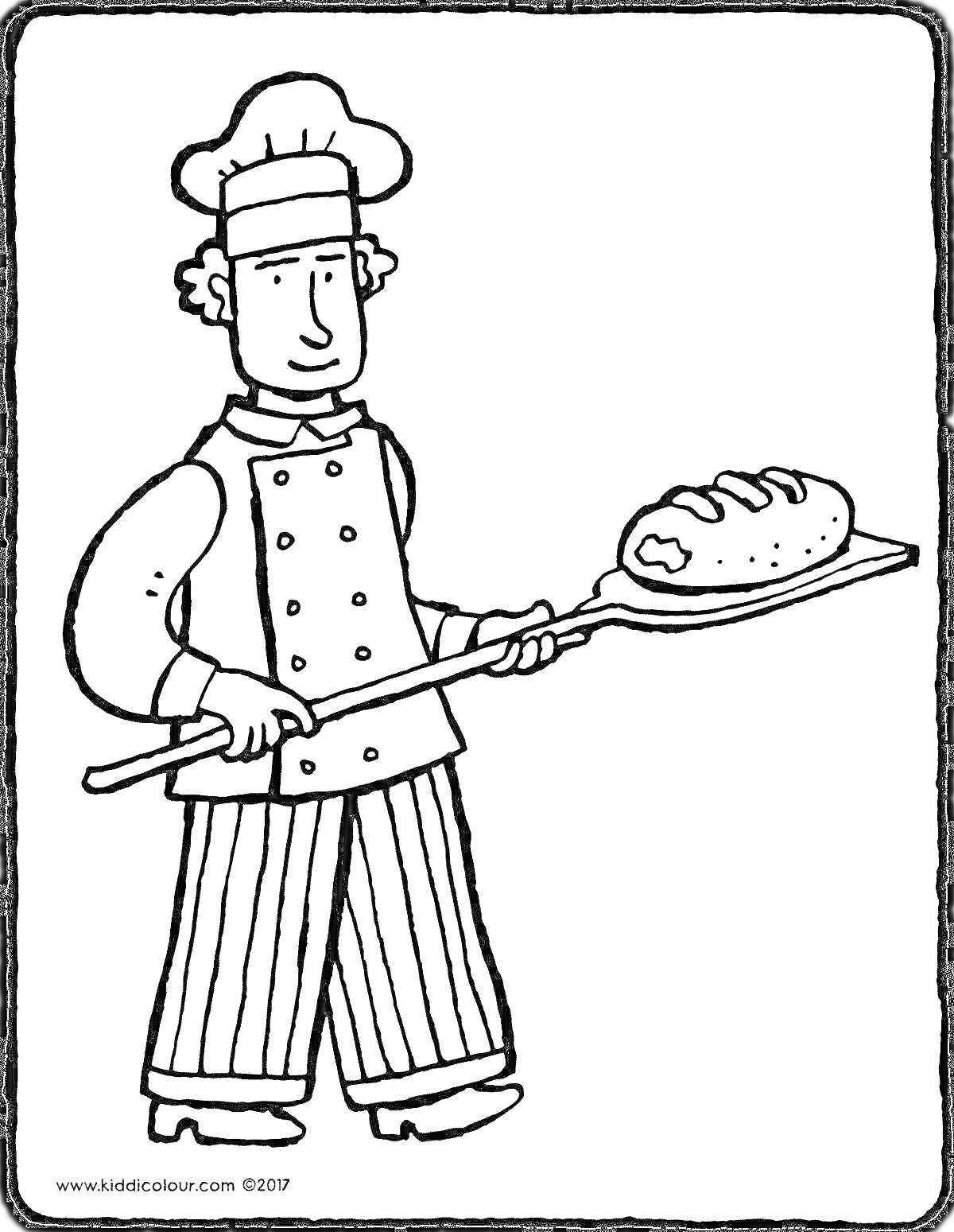 Раскраска Пекарь с буханкой хлеба и лопатой в руках