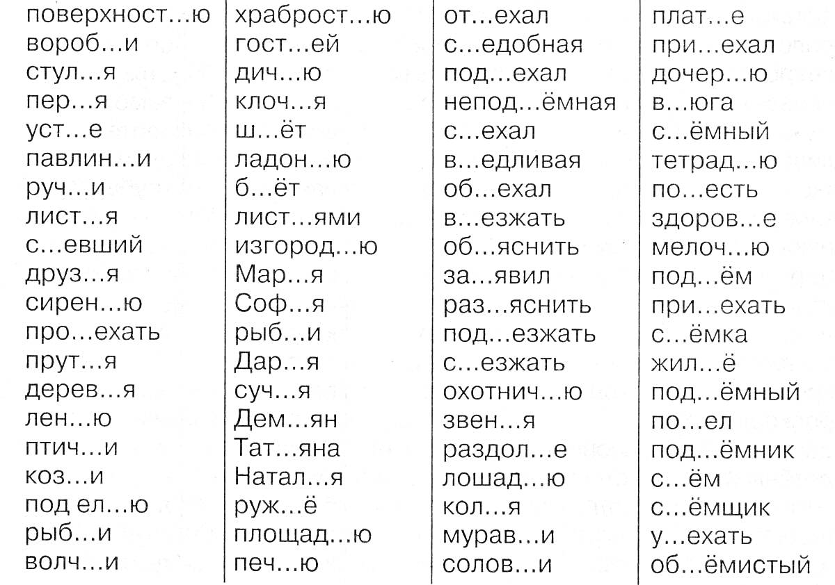 Раскраска Разделительный мягкий знак. 2 класс. Слова с пропущенным мягким знаком: поверхность, воробей, стул, пёс, устал, павлин, ручей, лист, съехал, сирень, дверья, пень, митинг, арьенда, ось, пальто, волчок, храбрость, лён, ключ, лист, Марь, Софья, Демьян, Натал