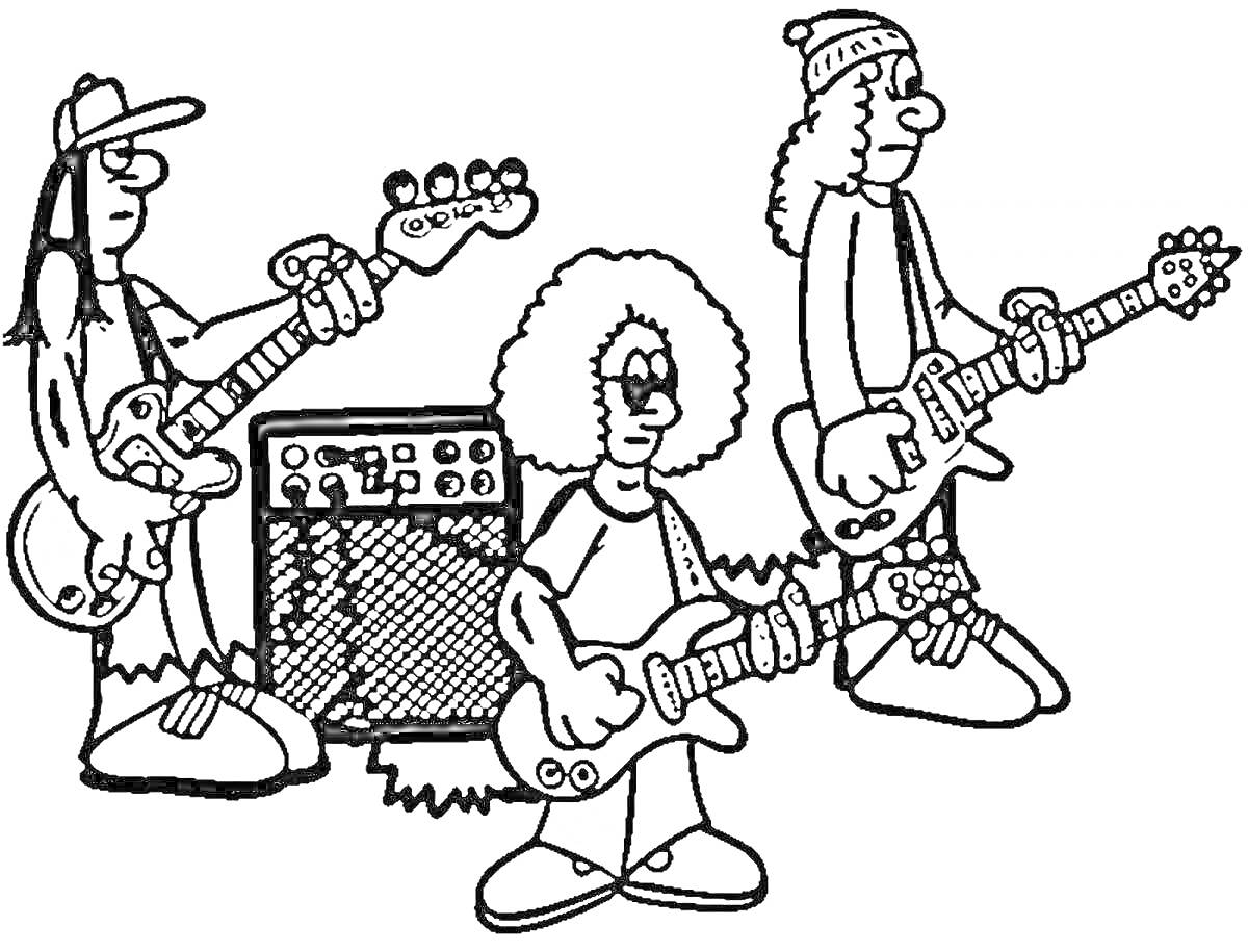 Раскраска Три рок-музыканта с бас-гитарой, электрогитарами и усилителем