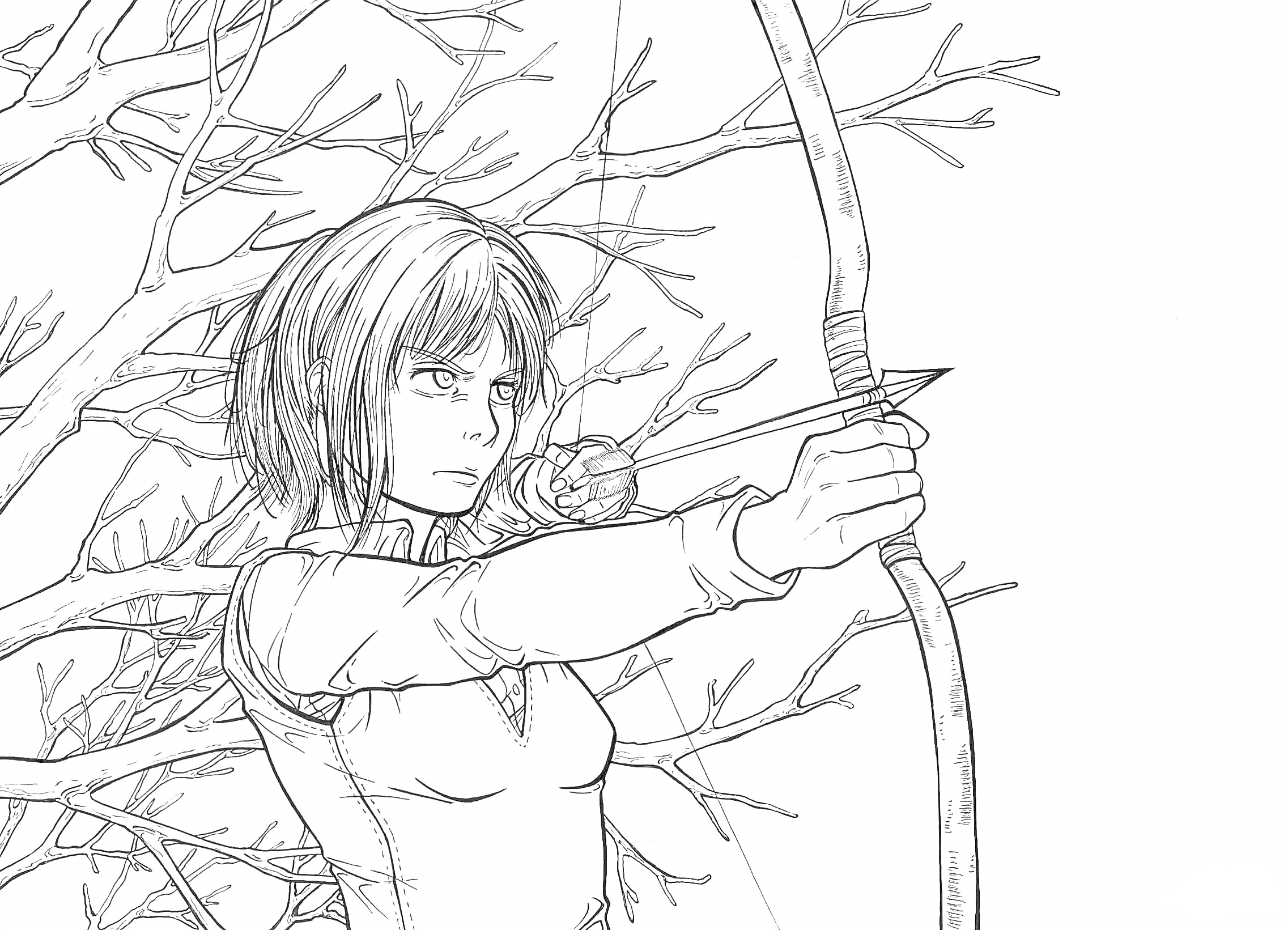 Раскраска Девушка с луком в лесу на фоне деревьев