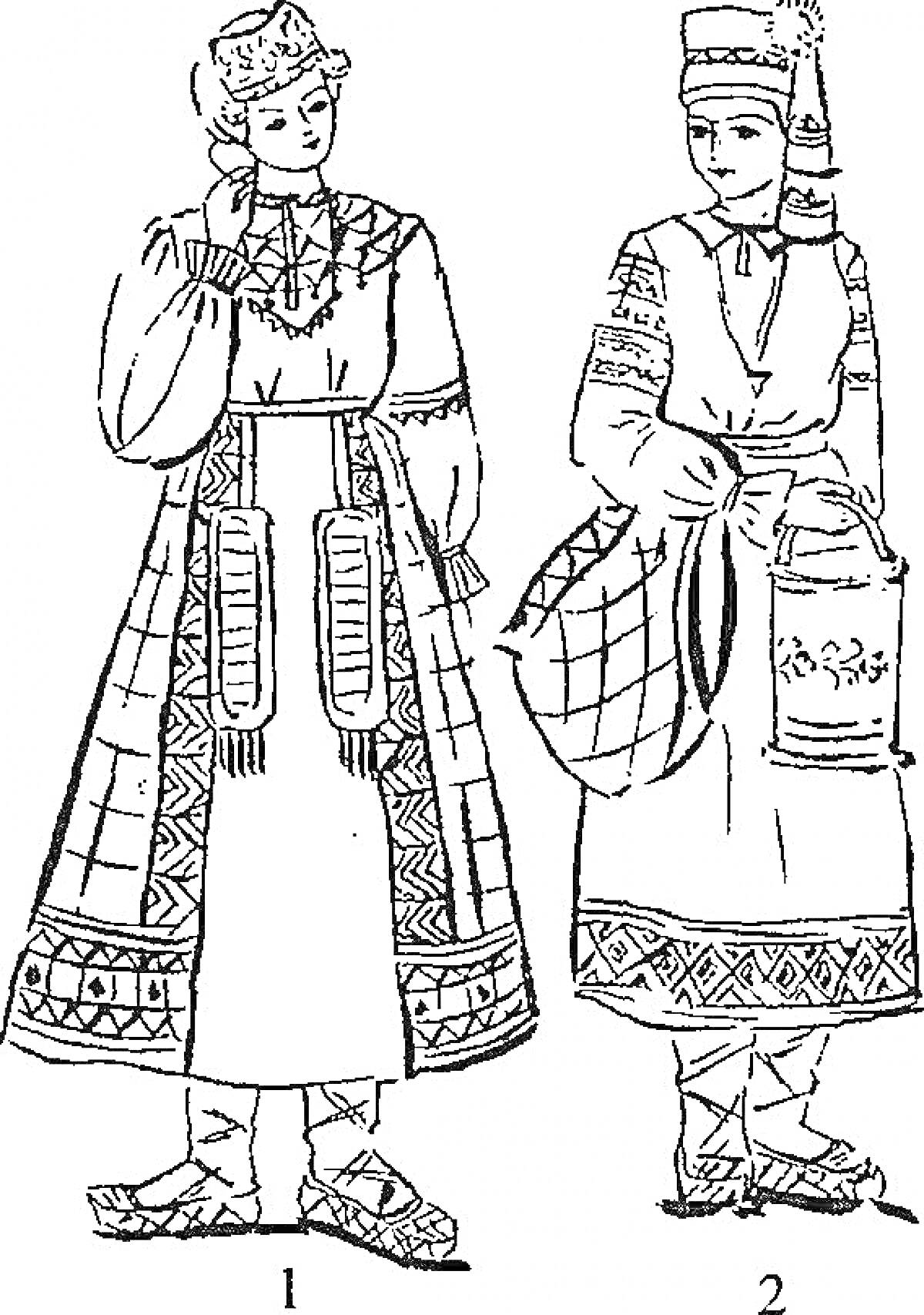 Два женских русского народного костюма, включающие кокошник, расшитую рубашку, сарафан, пояс, обувь (лапти), и фартук на втором костюме