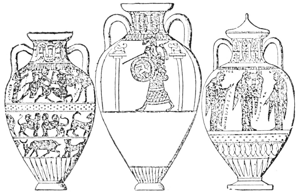 Раскраска древнегреческие вазы с изображениями людей и животных