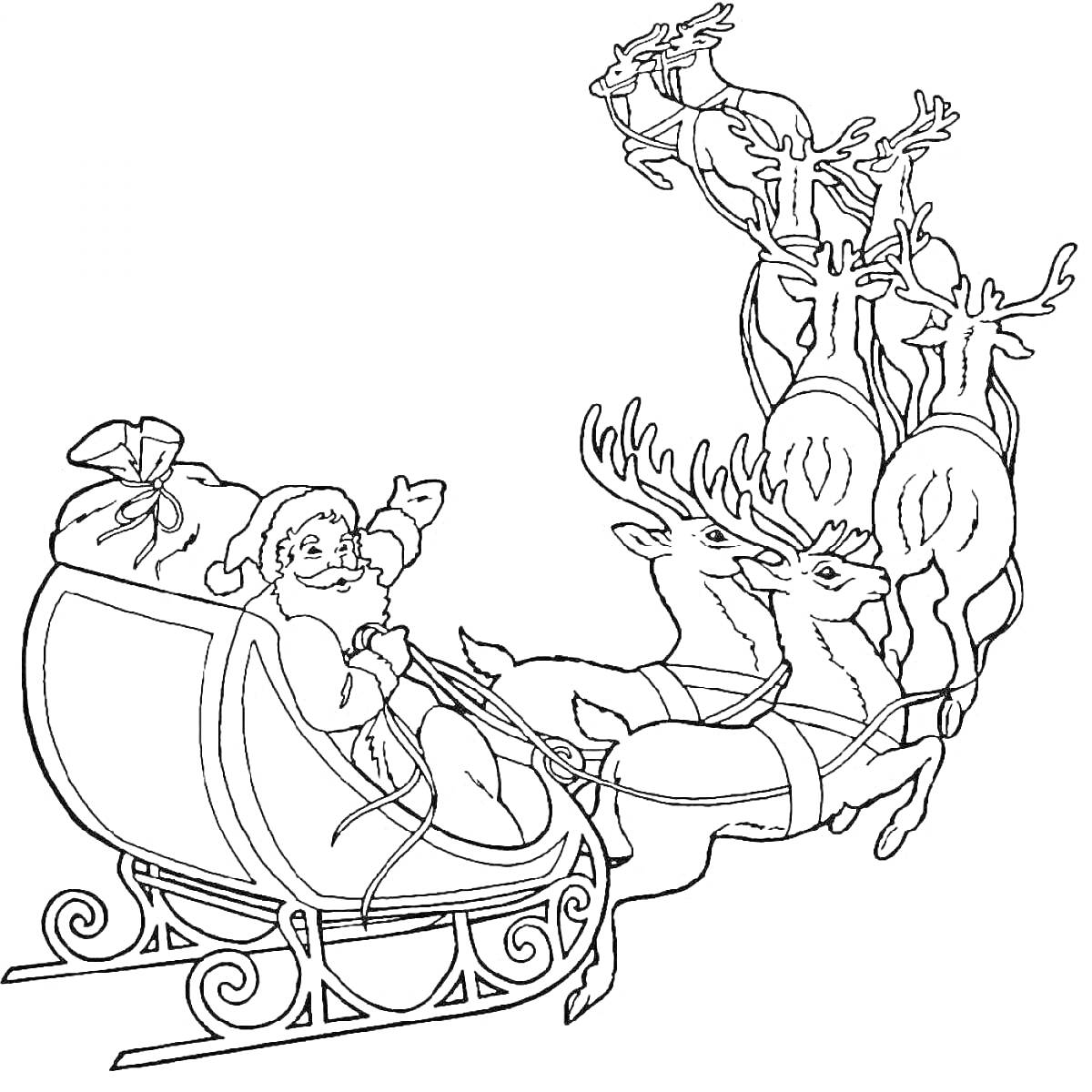 На раскраске изображено: Дед Мороз, Сани, Мешок с подарками, Зимняя сказка, Рождество, Волшебство