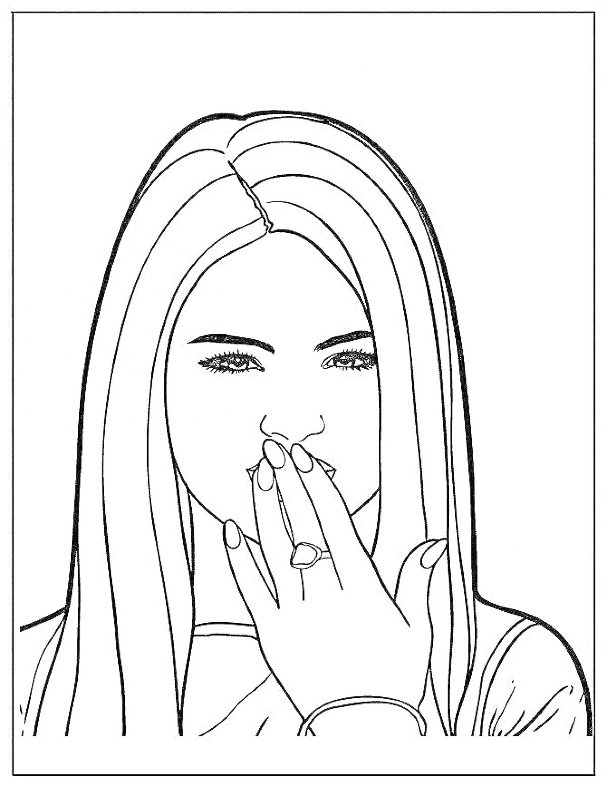 Раскраска Девушка с длинными волосами, закрывающая рот рукой с кольцами