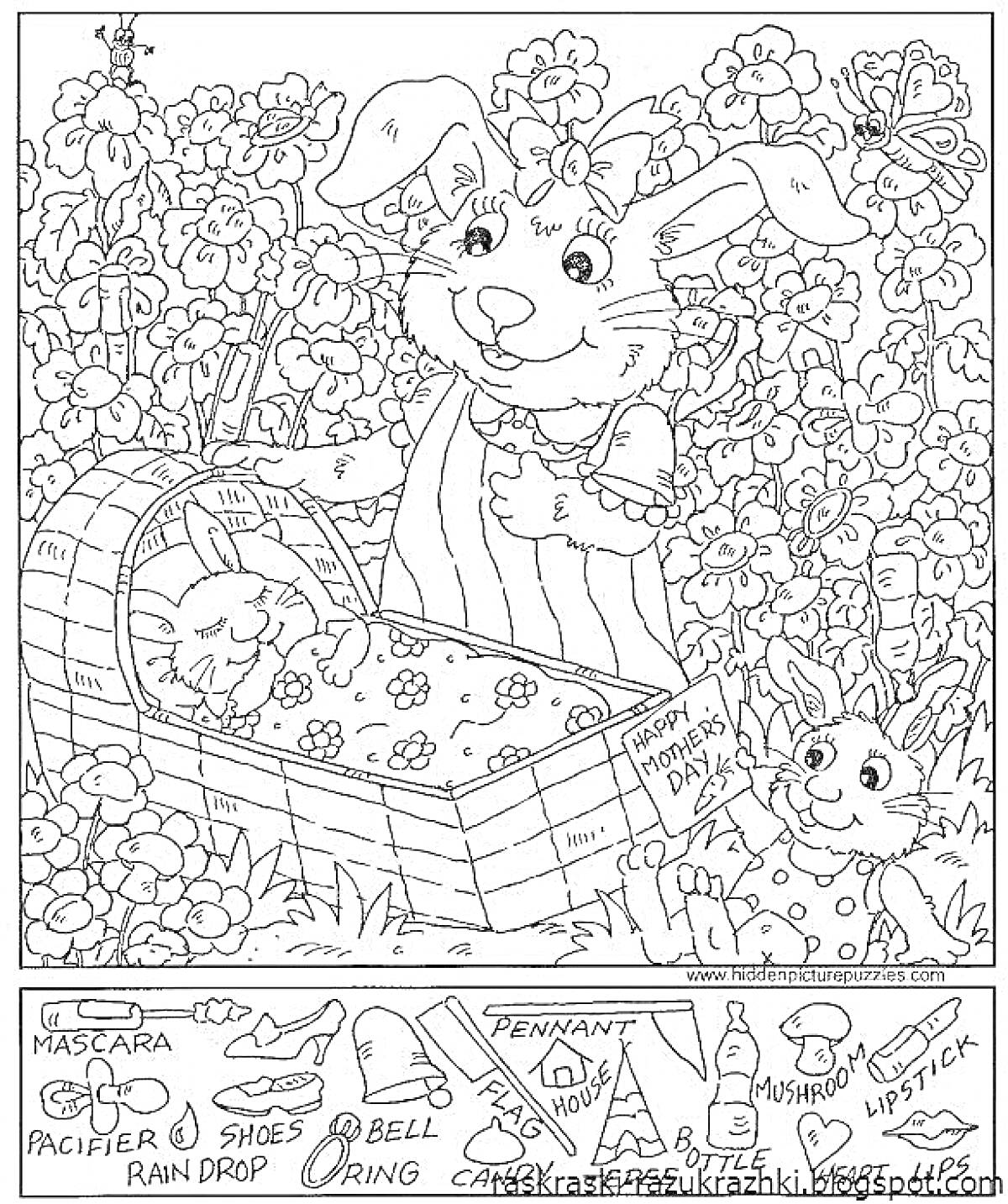 Раскраска Кролики среди цветов с корзиной, объектами и подсказками