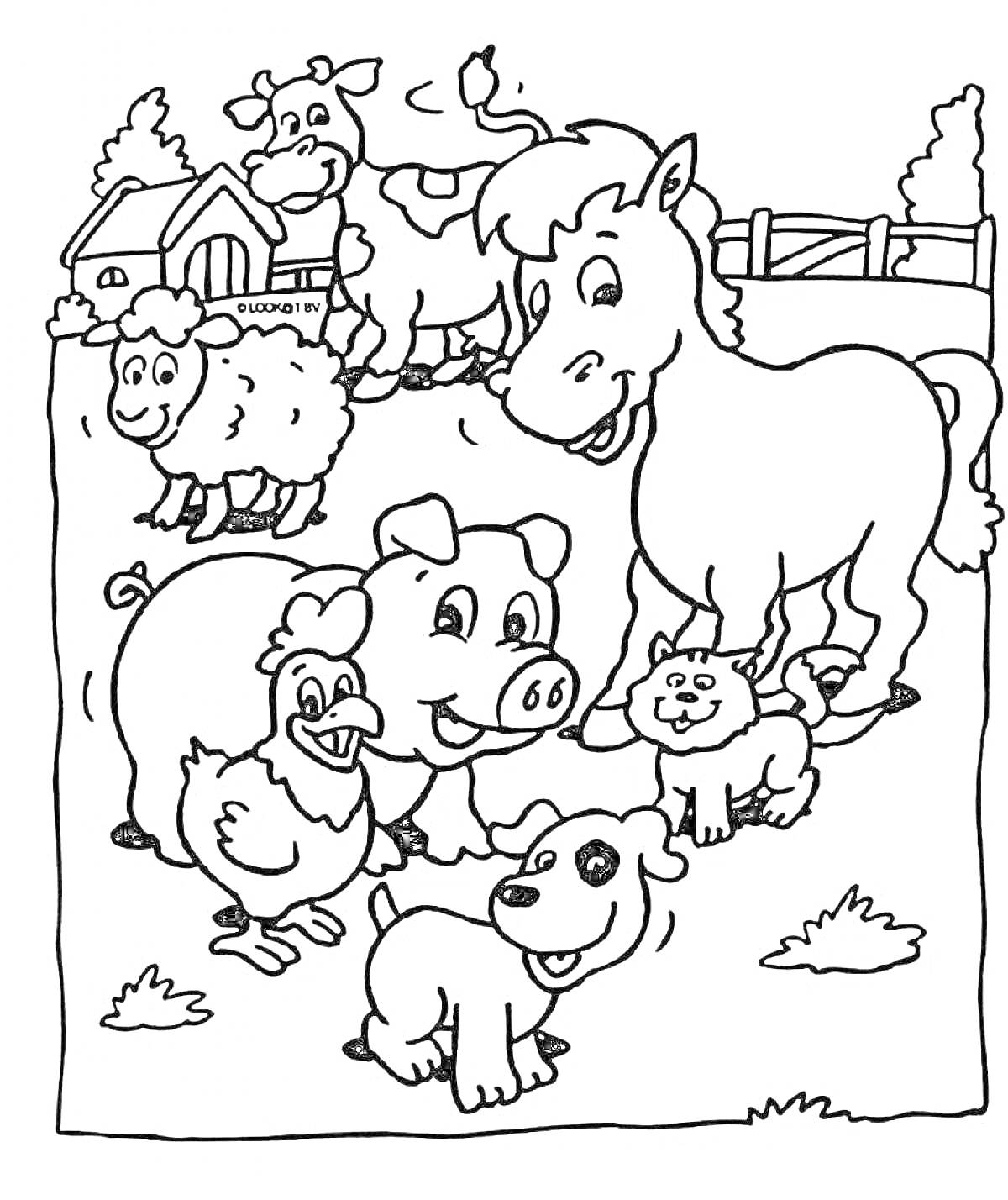 На раскраске изображено: Ферма, Корова, Лошадь, Утка, Забор, Животные, Кот, Овечки, Свиньи, Собака