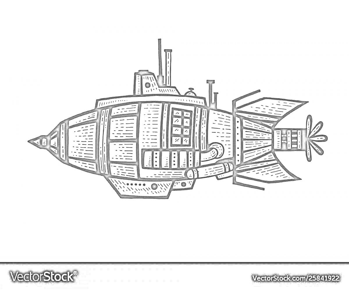 Раскраска Батискаф с иллюминаторами, трубами и антеннами