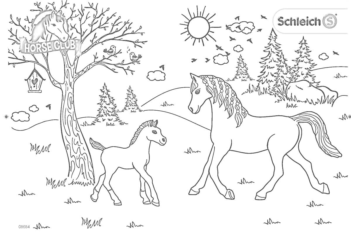 На раскраске изображено: Зима, Снег, Птичка, Солнечный день, Холмы, Природа, Зимний пейзаж, Лошадь, Деревья