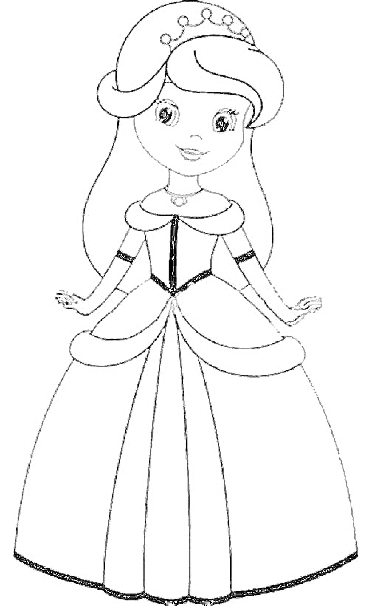Раскраска Принцесса в длинном платье с короной на голове