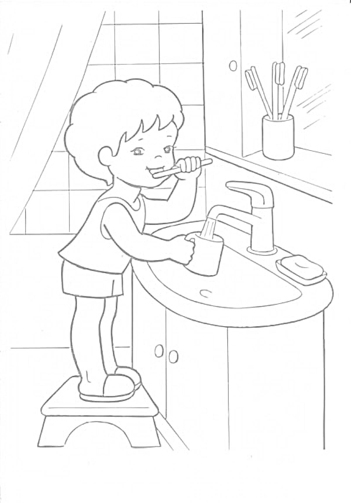 Ребенок чистит зубы в ванной комнате, на тумбочке мыло и кружка, в стаканчике зубные щетки