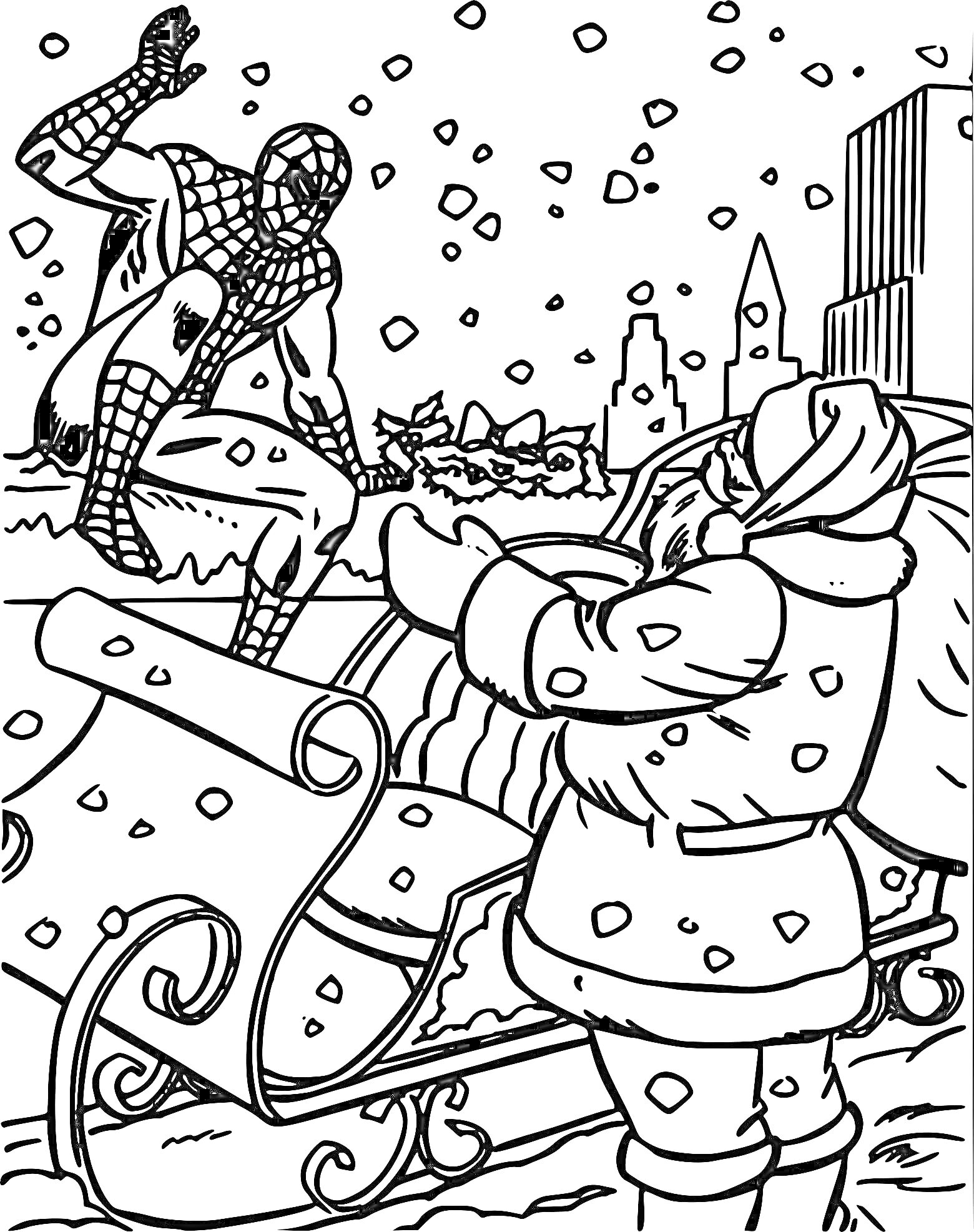 На раскраске изображено: Человек-Паук, Снег, Рождество, Санта Клаус, Города, Новый год, Праздники, Сани, Супергерои