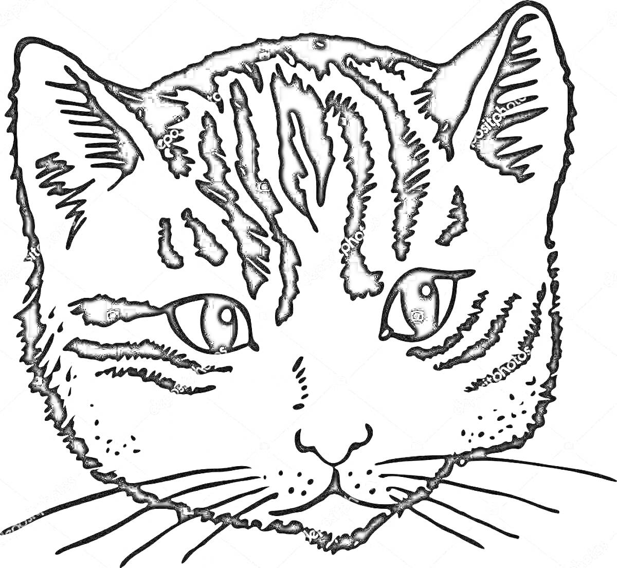 Раскраска Мордочка кошки с полосатым рисунком, крупные глаза, уши подняты