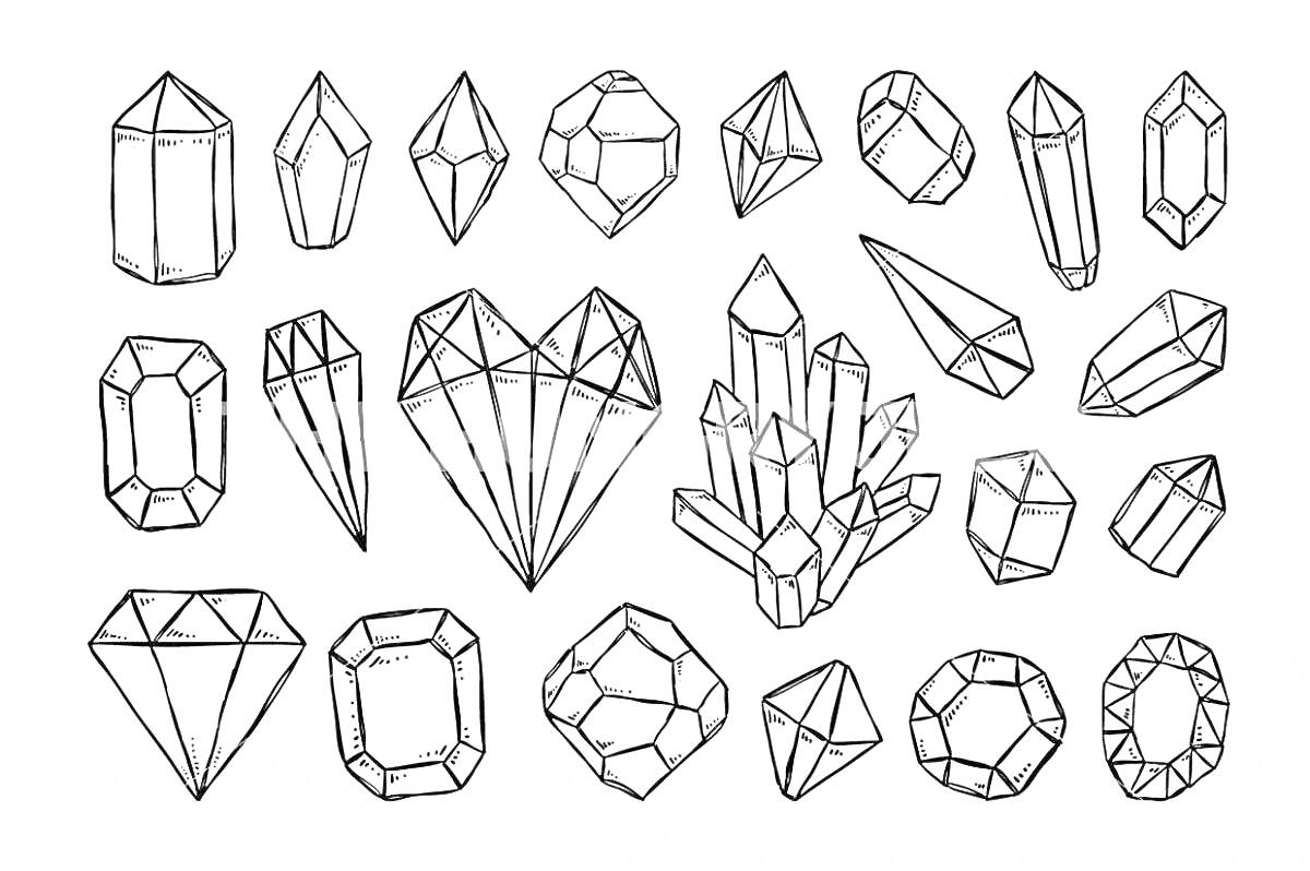 Раскраска Разнообразные формы кристаллов, включая многогранники, драгоценные камни, сердцевидные формы, удлиненные и кластерные кристаллы
