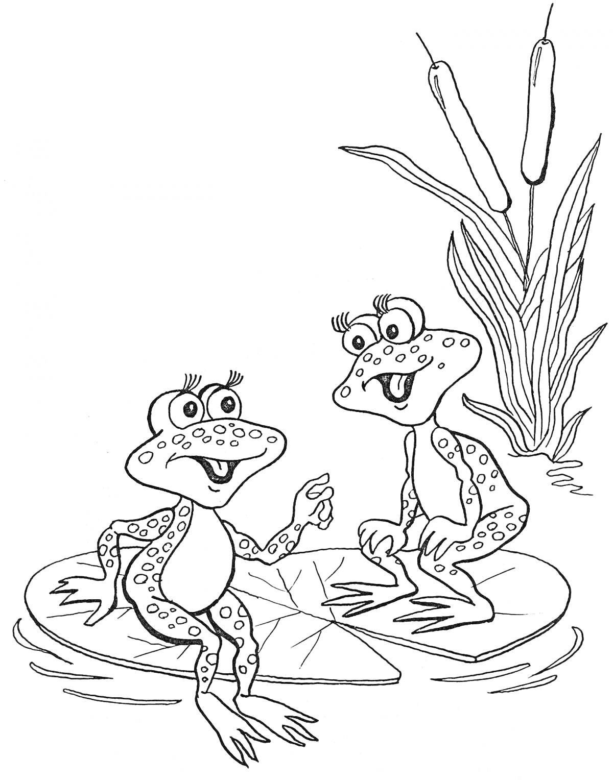 Раскраска Две лягушки на кувшинке у камышей